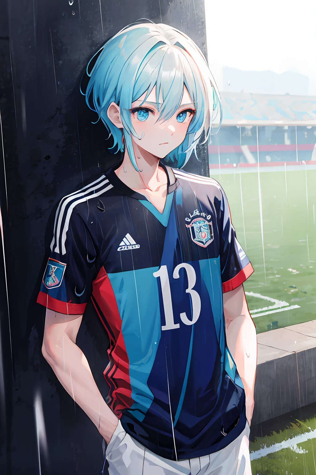 masterpiece, best quality, highres, 1boy, short hair, medium, short blond hair, cyan blue eyes, azure blue lock, German team football jersey, (rain:1.3), hands in pockets, sweating, heavy breathing, blue hair locks, rose tattoo in the neck