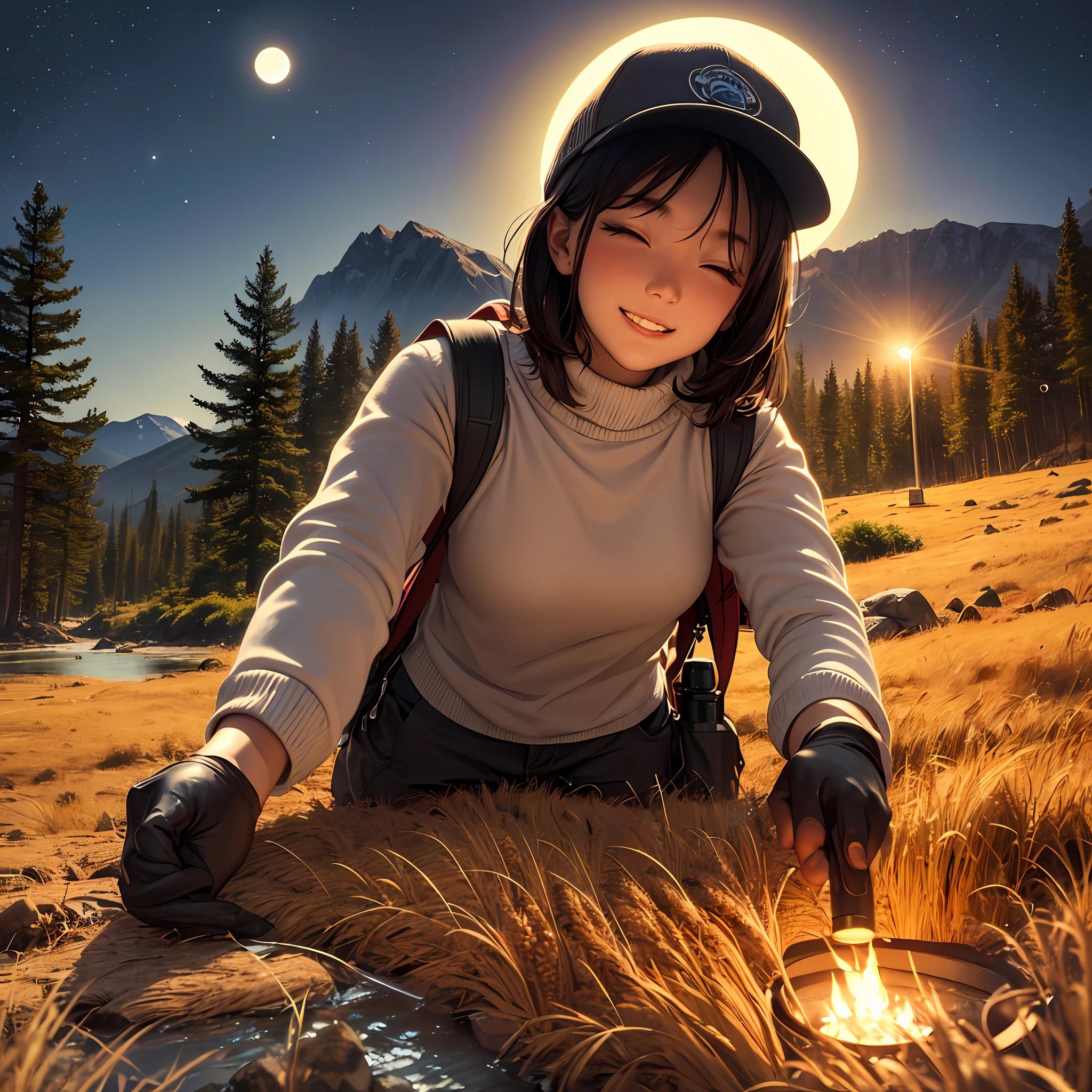 1 woman((upper body selfie, happy)), masterpiece, best quality, ultra-detailed, solo, outdoors, (night), mountains, nature, (stars, moon) cheerful, happy, backpack, sleeping bag, camping stove, water bottle, mountain boots, gloves, sweater, hat, flashlight, forest, rocks, river, wood, smoke, shadows, contrast, clear sky, analog style (look at viewer:1.2) (skin texture) (film grain:1.3), (warm hue, warm tone)
:1.2), close up, cinematic light, sidelighting, ultra high res, best shadow, --auto