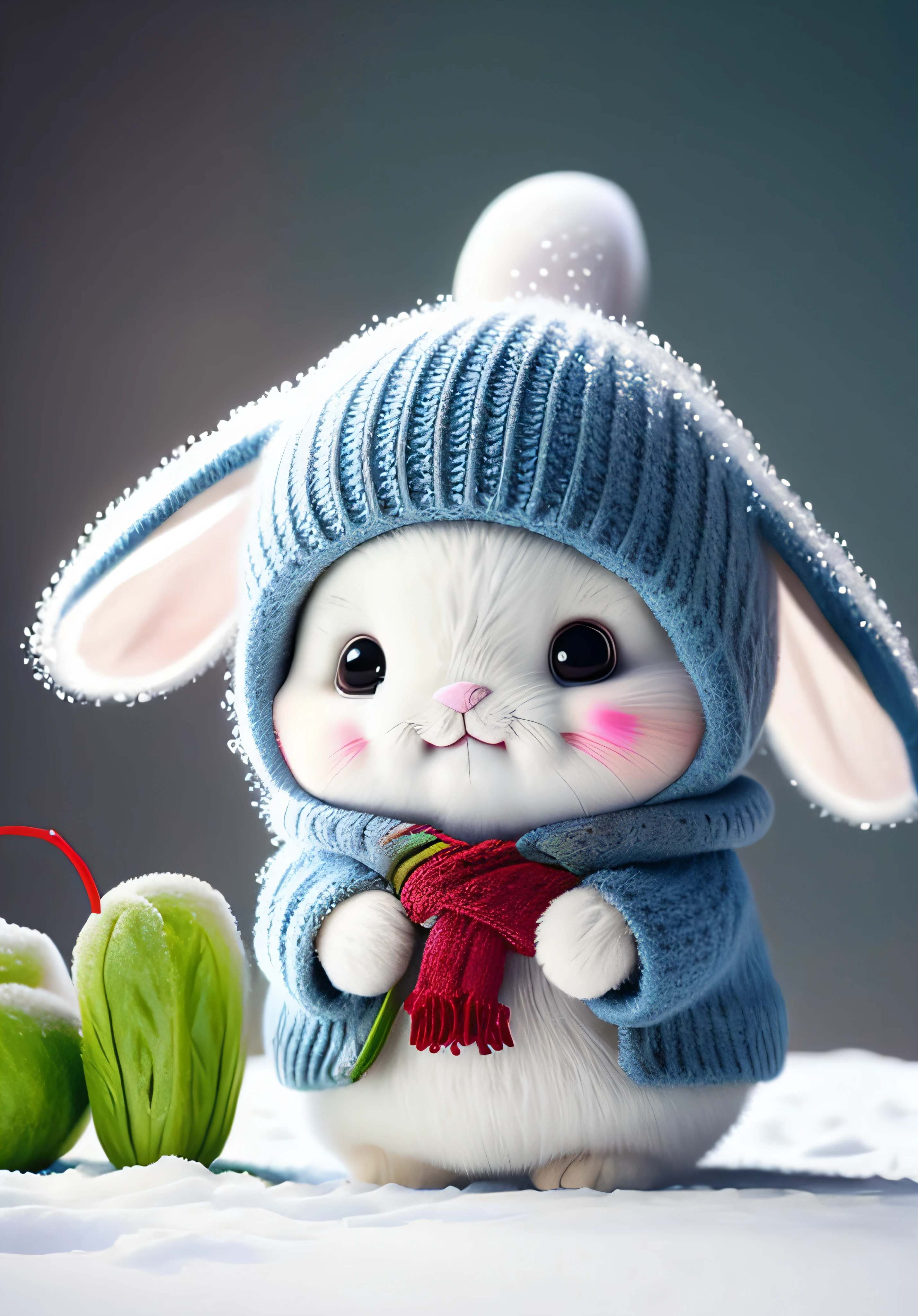 A fluffy bunny, dark circles, cucumber, food, vegetables whole body, hat, shoes, non-human, lettuce, snow