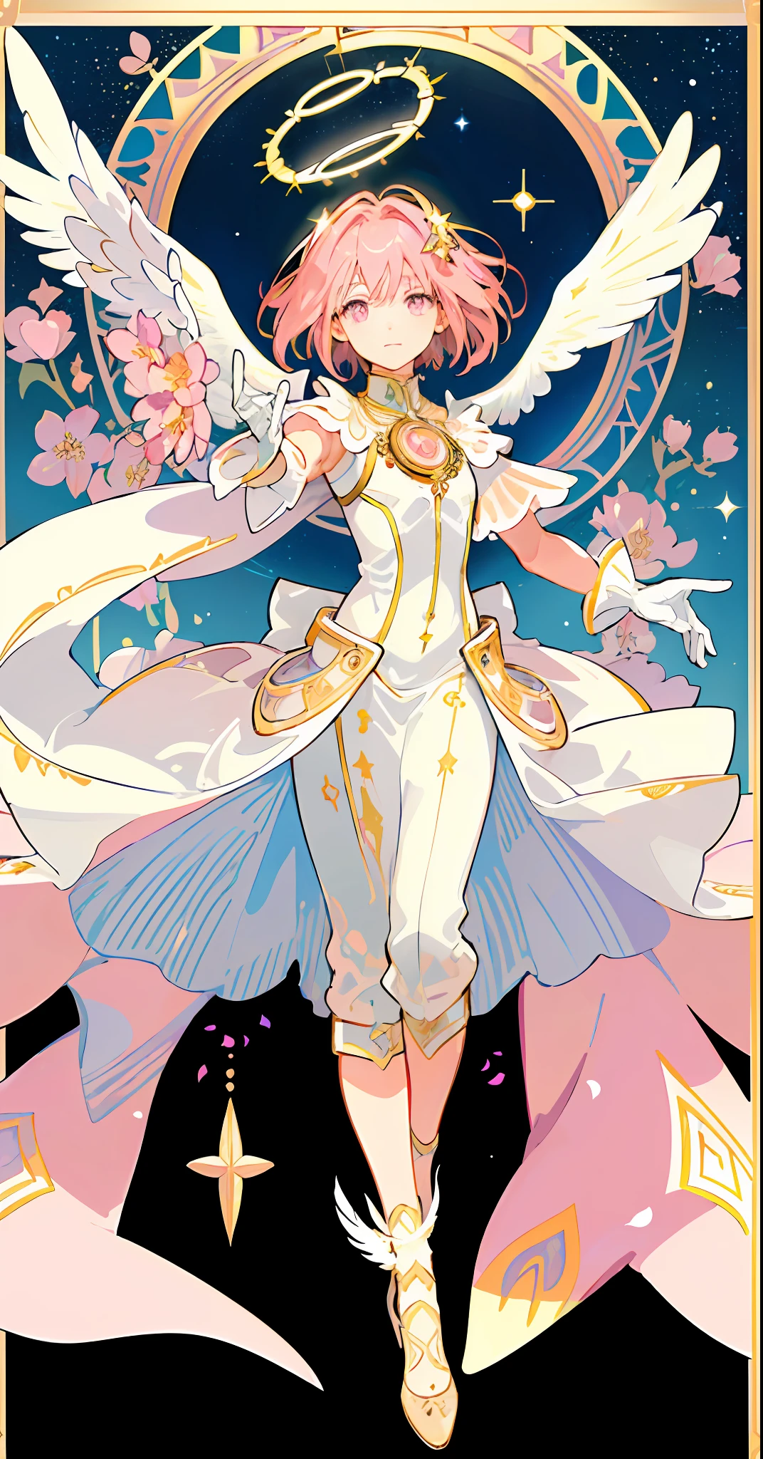 ((masterpiece,best quality)),(1girl, solo:1.4),beautiful detailed eyes, vivid, cinematic light, full_body, pink_flowers, (tarot_card), intricate, detailed background, looking_at_viewer, Madoka Kaname, hands reaching out, (flat chest), (walking), casual pose, posing, (white_gloves), (pink_eyes), white feathers, sparkles, glitter, celestial, outerspace, by alphonse mucha, (gold frame), halo, (tarot border)