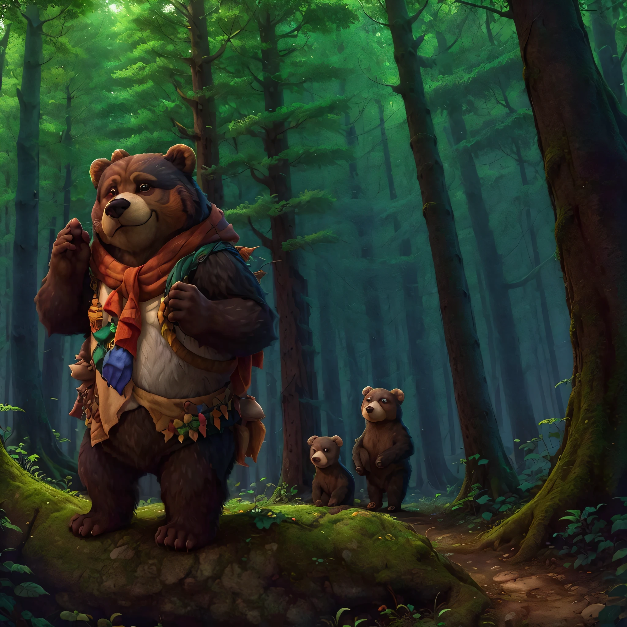 'In the forest there is a pair of brown mother bears and a cub: 1.3, tall trees, green leaves, sunlight spilling through the canopy, peaceful scene, unspoiled nature. '}