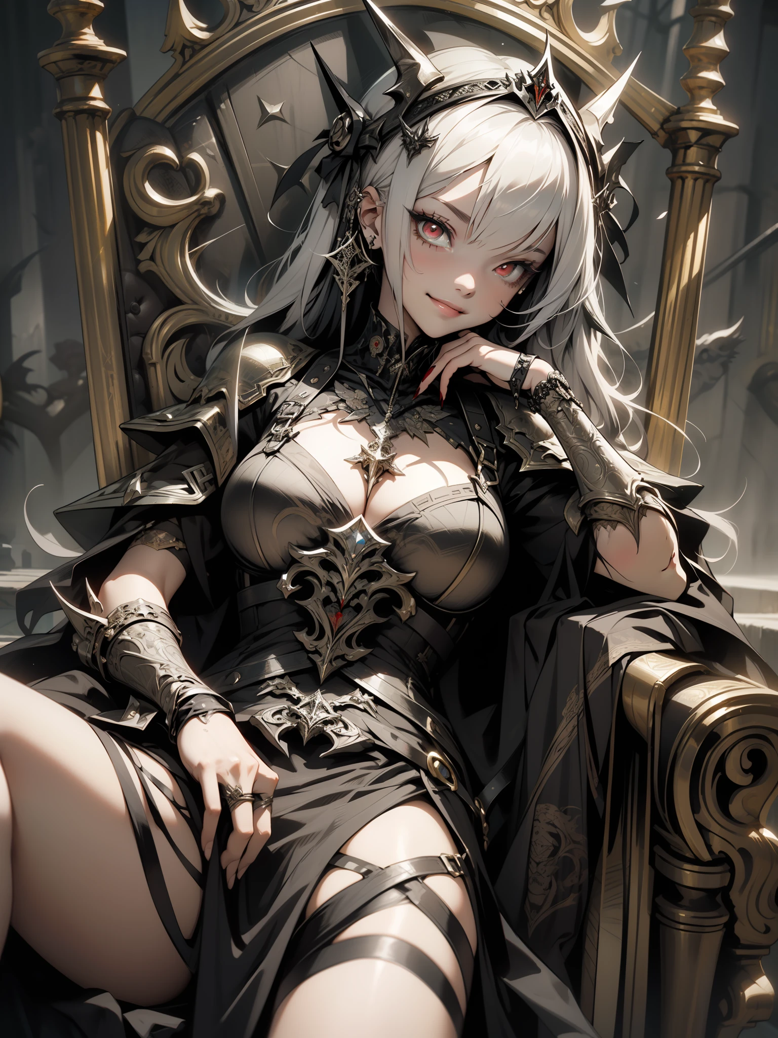 masterpiece, highly detailed, high quality, delicate black throne, 1girl, evil and beautiful, playful, smile, red eyes, (blood), dynamic angle, lying on throne, mystical, fanatic, intricate, surreal, delicate, wearing armored gothic dress,cinematic lighting