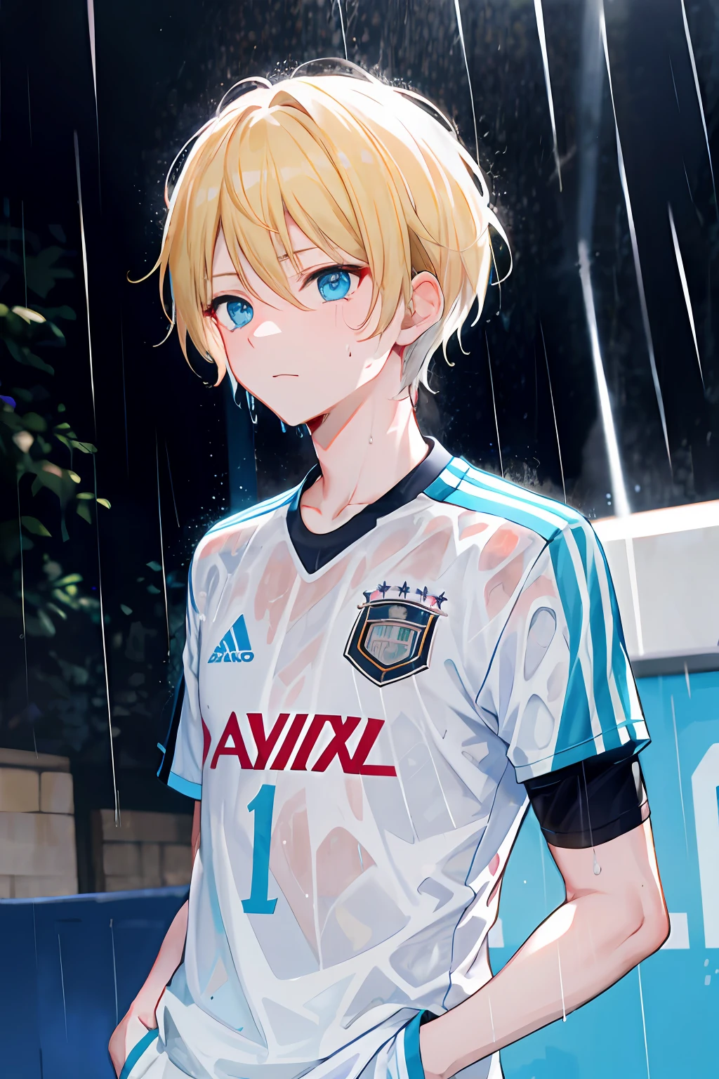 masterpiece, best quality, highres, 1boy, short hair, medium, short blond hair, cyan blue eyes, azure blue lock, German team football jersey, (rain:1.3), hands in pockets, sweating, heavy breathing, rose tattoo on the back of the neck