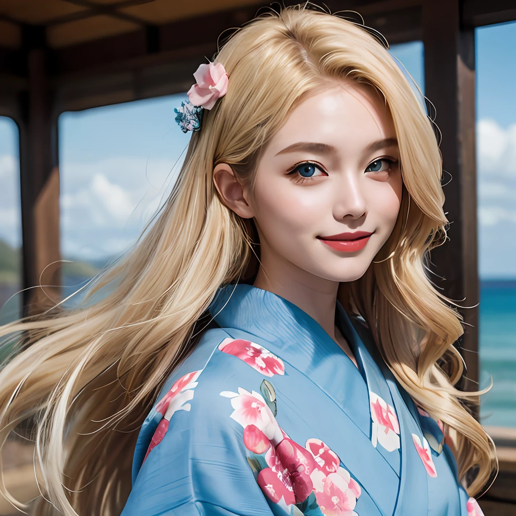 The girl with long blonde hair, sea blue eyes, wearing a kimono, softly smiling, double eyelids.