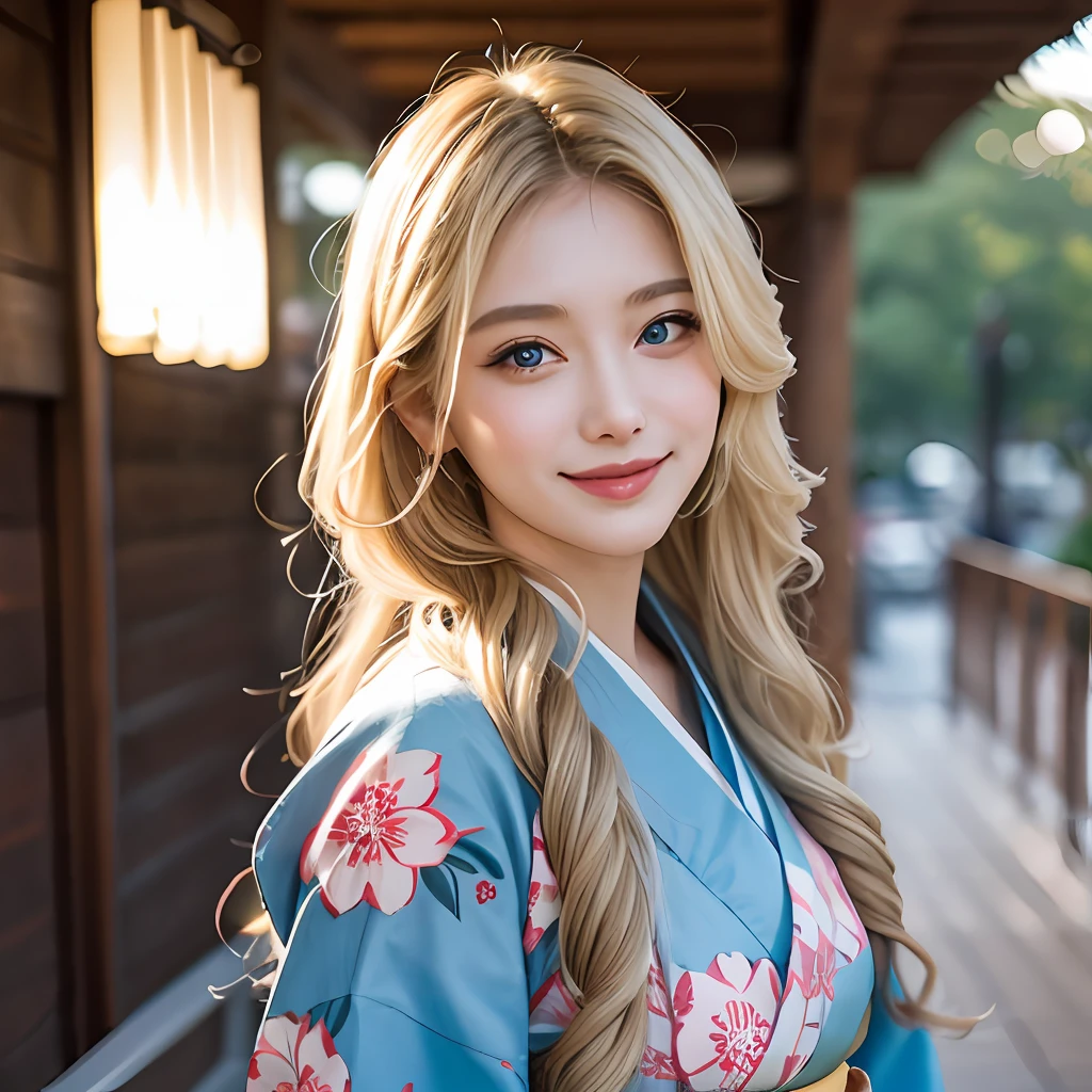 The girl with long blonde hair, sea blue eyes, wearing a kimono, softly smiling, double eyelids.