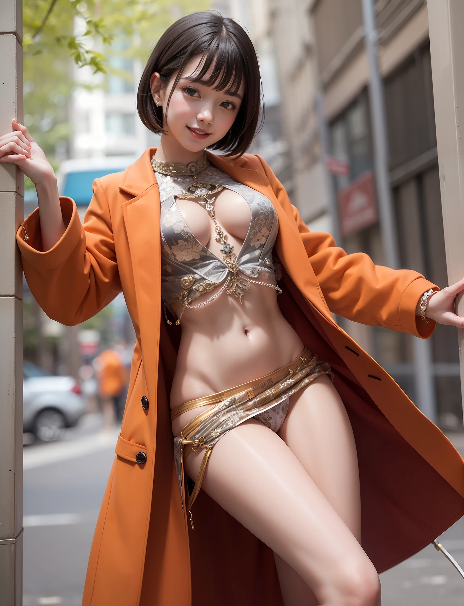(Masterpiece), (Extreme), ((sandals)), (Super Detailed), (Body:1.9), 1girl , sun, cute, orange, smile, open mouth, city, fashion, coat, blush, tree, shirt, short hair, orange, blur, long sleeves, bangs, black hair, (beautiful and detailed face), (beautiful and detailed eyes), orange
