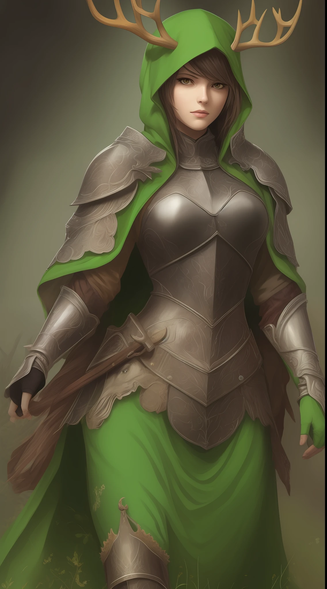 Dark Souls Style Female Knight in Green with a Green Cloak with Antlers Riding a Great Elk with Large Ornate Antlers.