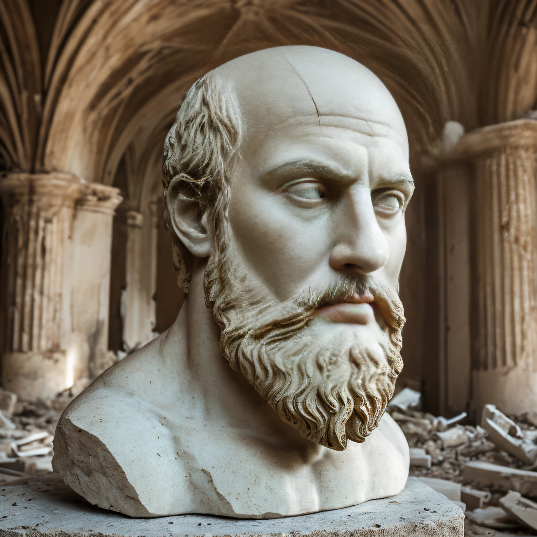 marble sculpture of the face of a Greek god ((bearded and bald)) in a destroyed place, cinematography, epic light and shadow, lots of contrast, professional photography