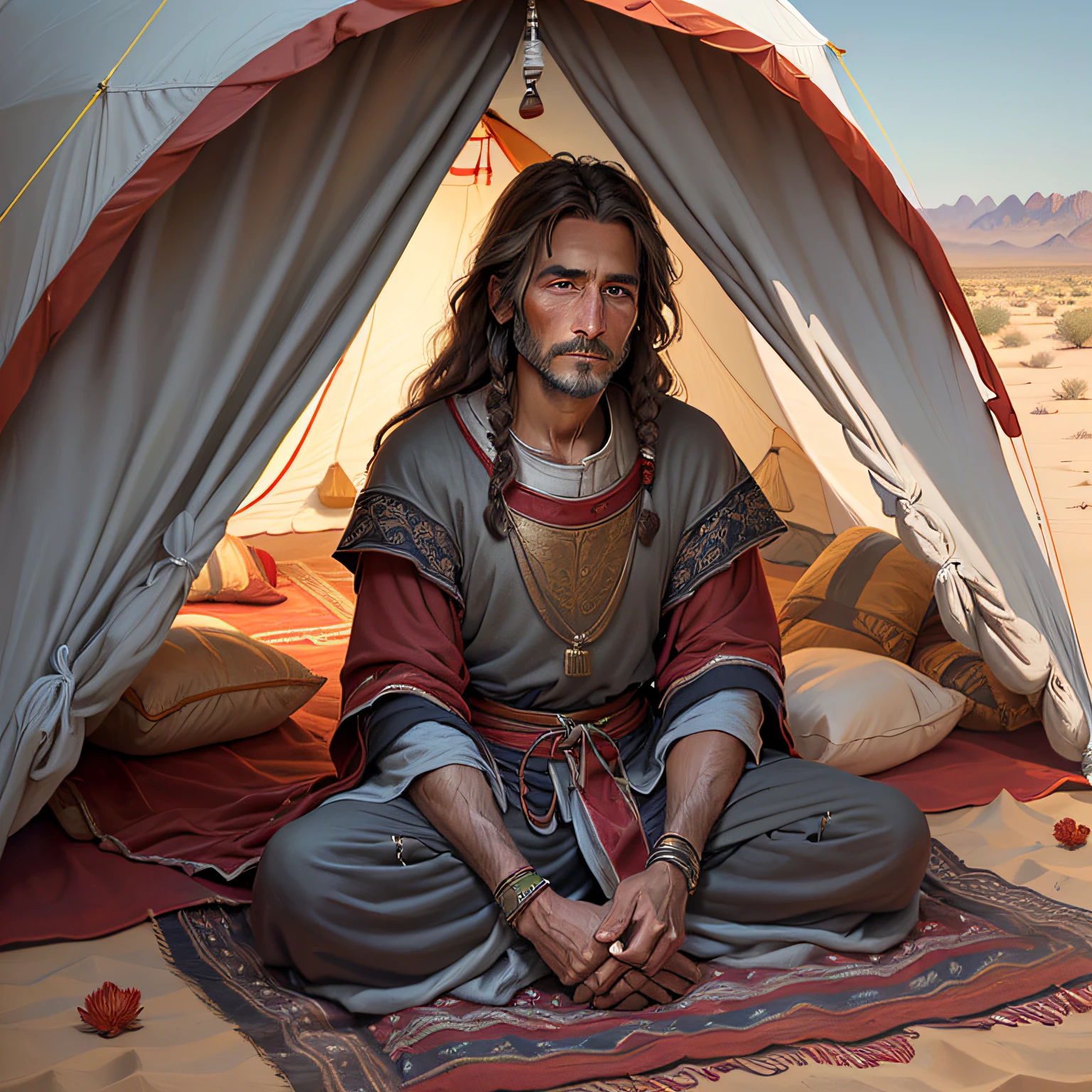 Human Middle Ages Male desert dweller dwelling in tent dressed in a luxurious tunic, Oil painting Medieval Long Hair gray Hopeful face, looks up