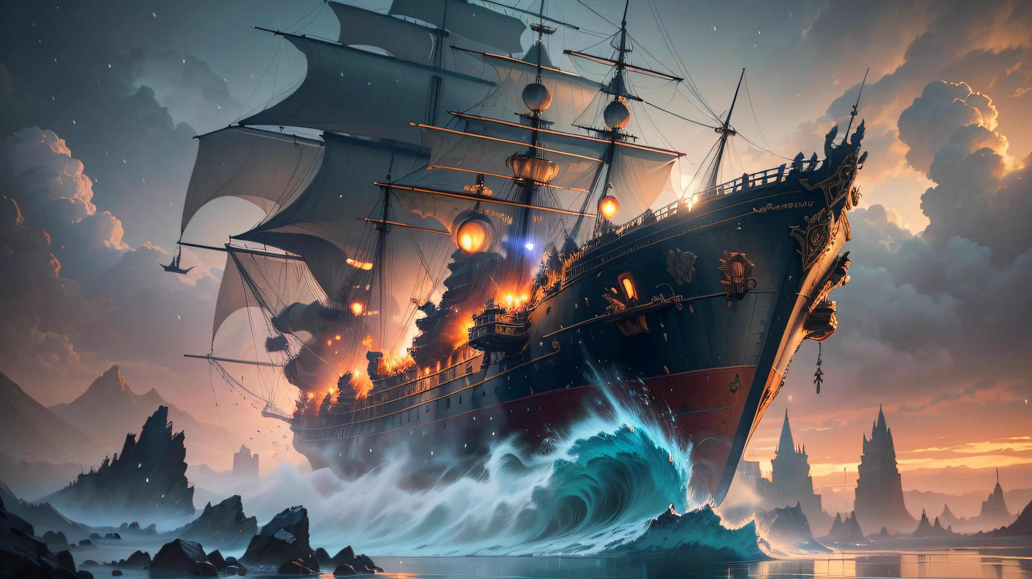 A volcano blazing inside a giant light bulb hanging over a stormy ocean, which illuminates a sailing ship sailing in stormy waves, oil painting by Greg Rutkowski and John Collier and Albert Aublet and Krenz Cushart and Artem Demura and Alphonse Mucha, epic fantasy, magic the gathering art, volumetric lighting, 8k octane beautifully detailed render, post-processing, extremely hyperdetailed, intricate, epic composition, grim yet sparkling atmosphere, cinematic lighting + masterpiece, trending on artstation, very detailed, vibrant colors --auto