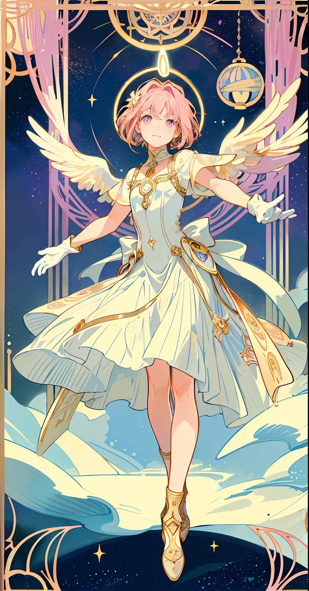 ((masterpiece,best quality)),(1girl, solo:1.4),beautiful detailed eyes, vivid, cinematic light, full_body, pink_flowers, (tarot_card), intricate, detailed background, looking_at_viewer, Madoka Kaname, hands reaching out, (flat chest), (walking), casual pose, posing, (white_gloves), (pink_eyes), white feathers, sparkles, glitter, celestial, outerspace, by alphonse mucha, (gold frame), halo, (tarot border)
