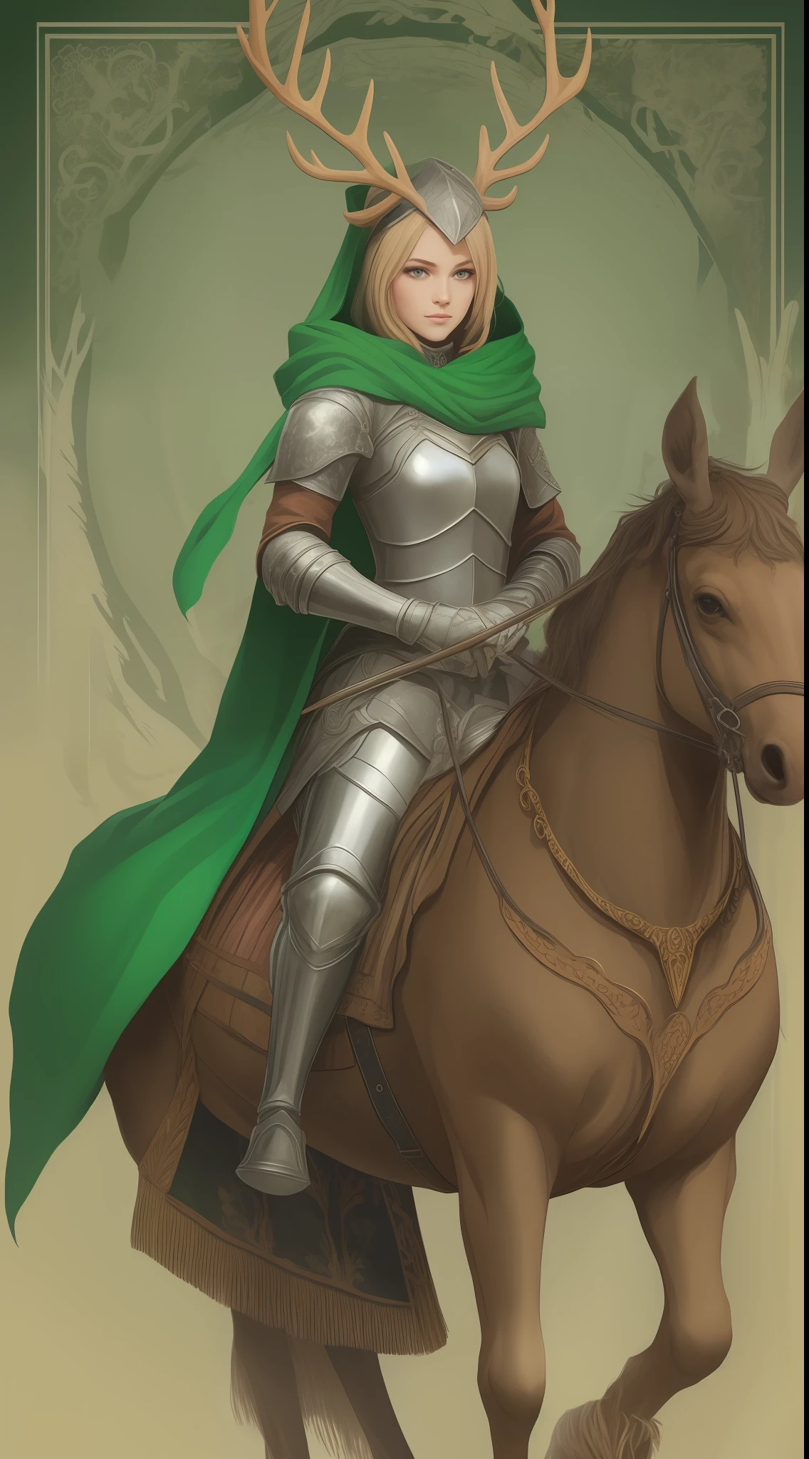Female Knight in Green with a Green Cloak with Antlers Riding a Great Elk with Large Ornate Antlers.