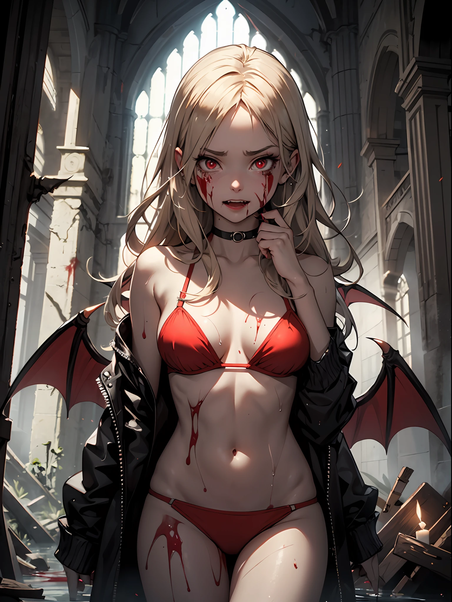 a sexy vampire wearing a red bikini, stained with blood, staring at the viewer crying tears of blood, and small wounds on her face, whole body, wet body, wet clothes, flowing blonde hair, menacing gaze and fangs, gleaming vampire wings, blood staining her pale face, big, sharp nails ready to pounce, in a dark abandoned church,  with a few candles lighting up, with intensely mesmerizing red eyes