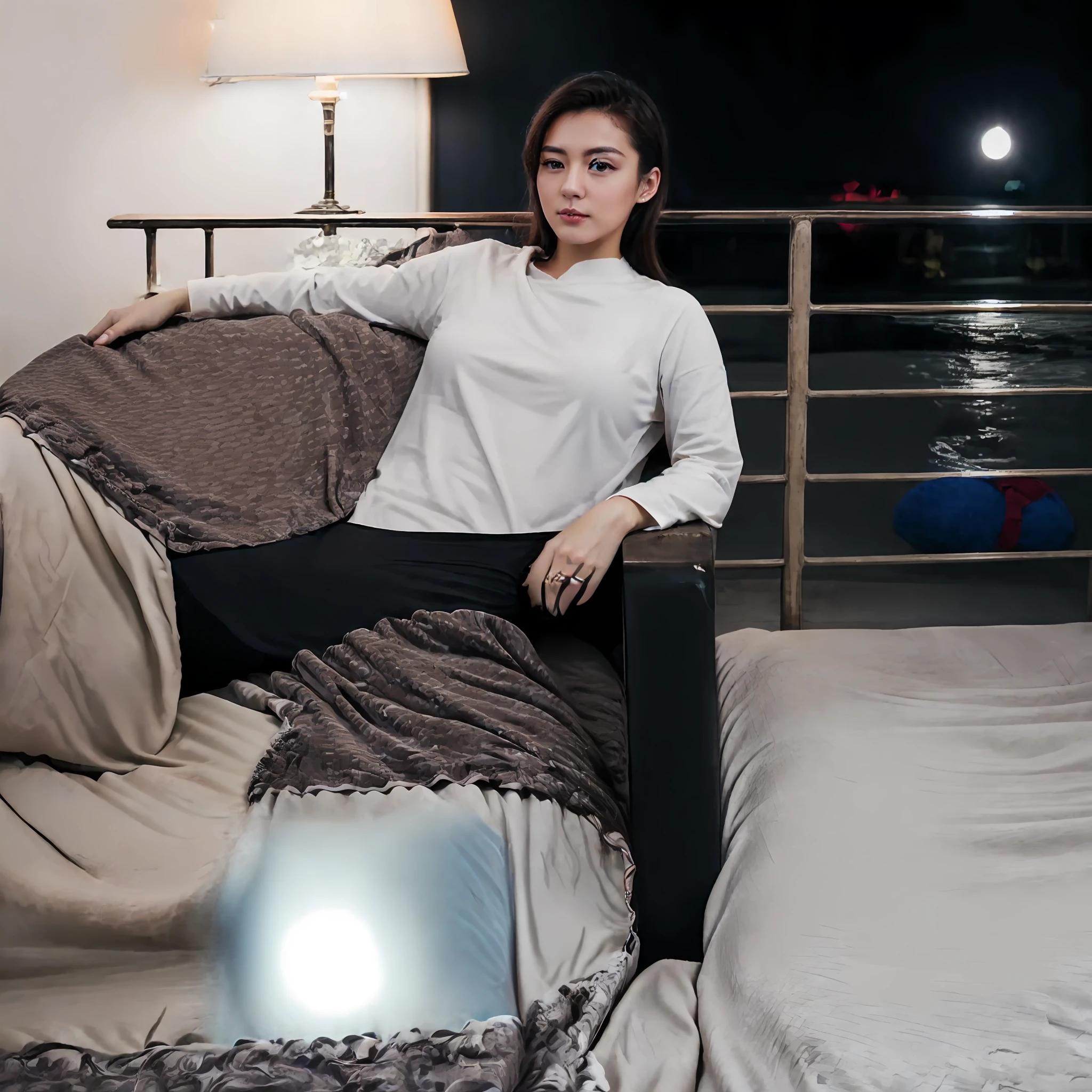 ((Night, Real Light, Top Quality, 8k, Masterpiece: 1.3)), Normal Body Shape Beautiful Girl: 1.4, (Brown Hair, Colossal: 1.3), Sexy Underwear, Lying on Bed, Open Legs, Ultra Detailed Face, Detailed Eyes, Double Eyelids