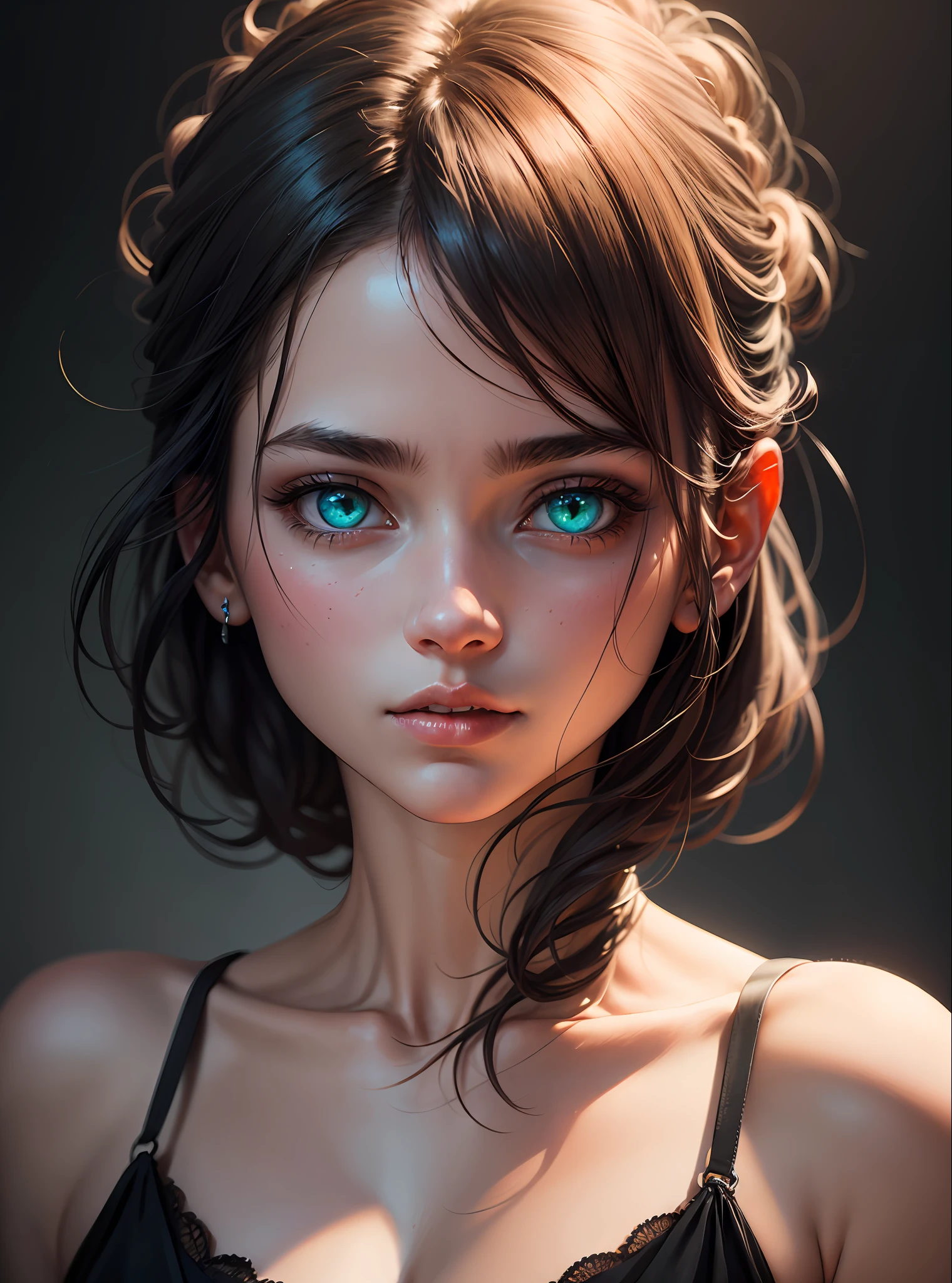 Best Quality, Masterpiece, Ultra High Resolution, (Realism: 1.4), Original Photo, 1Girl, Emerald Gemstone Eyes, glowing eyes, Bare Shoulder, In the Dark, Deep Shadow, Low Key, Cold Light --auto