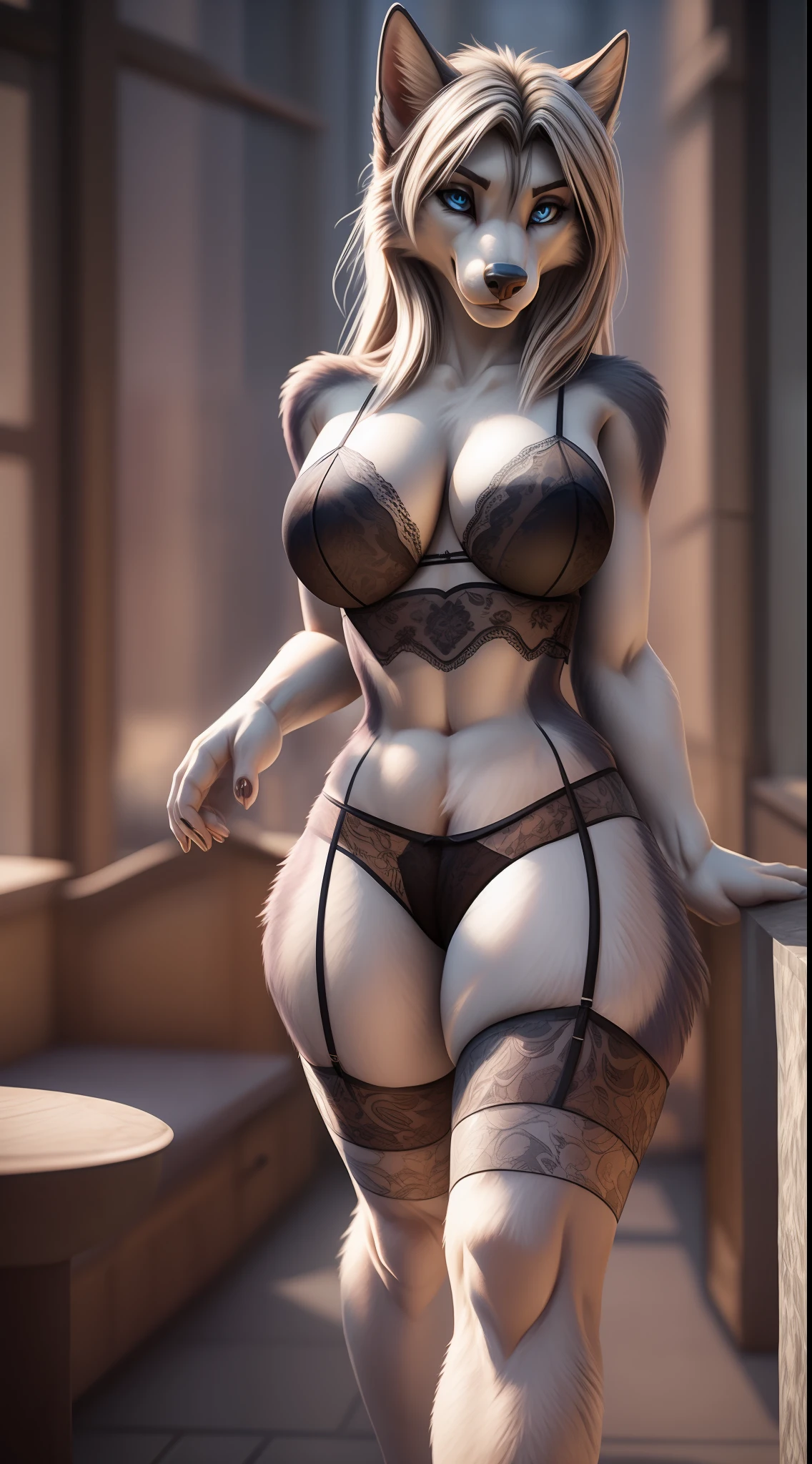 Husky female sexy, beautiful face, cream fur, blue eyes, long hair, wearing (((lacy lingerie)))), sexy, fıt body, big breasts, big ass, curved thighs, inclined, rear view, high detail, backlighting, ray tracing, depth of field, close-up, bokeh, Canon, UHD, high details, anatomically correct, super detail, 8k, best quality, full body should be shown, tail should be shown