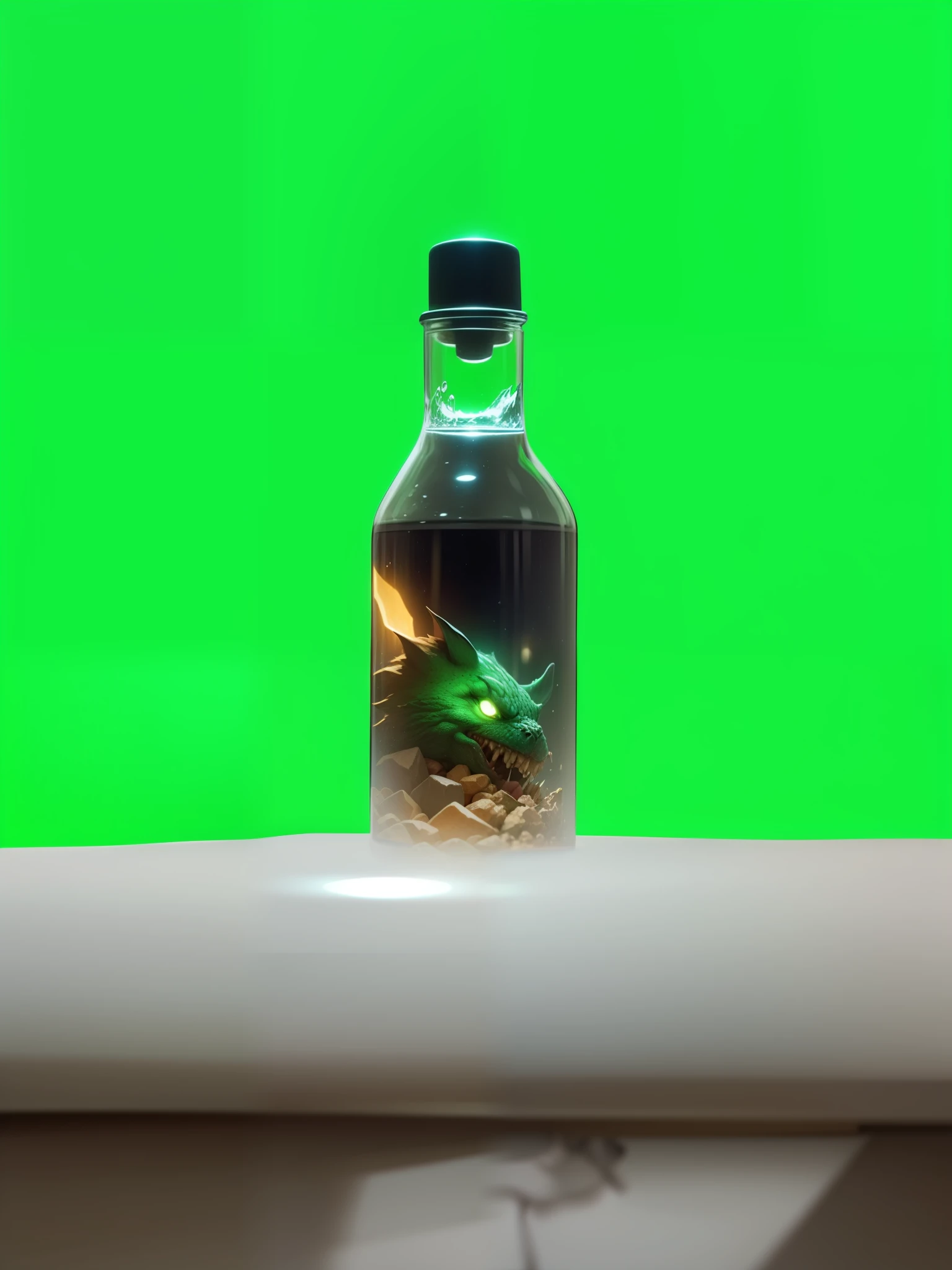 Monster inside bottle,8k, high definition, hyper-realistic, + cinematic plan + dynamic composition, incredibly detailed, sharpness, detail details + night with light + perfectionism + award-winning realism ((ambient lighting))