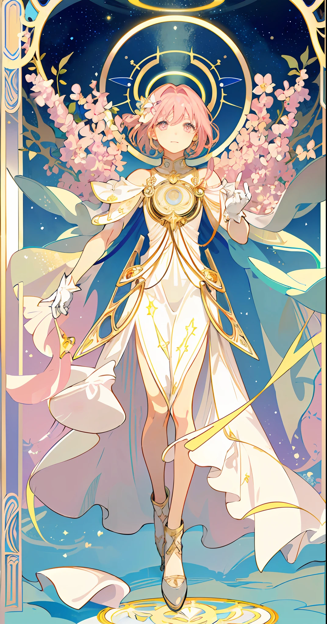 ((masterpiece,best quality)),(1girl, solo:1.4),beautiful detailed eyes, vivid, cinematic light, full_body, pink_flowers, (tarot_card), intricate, detailed background, looking_at_viewer, Madoka Kaname, hands reaching out, (flat chest), (walking), casual pose, posing, (white_gloves), (pink_eyes), white feathers, sparkles, glitter, celestial, outerspace, by alphonse mucha, (gold frame), halo, (tarot border)
