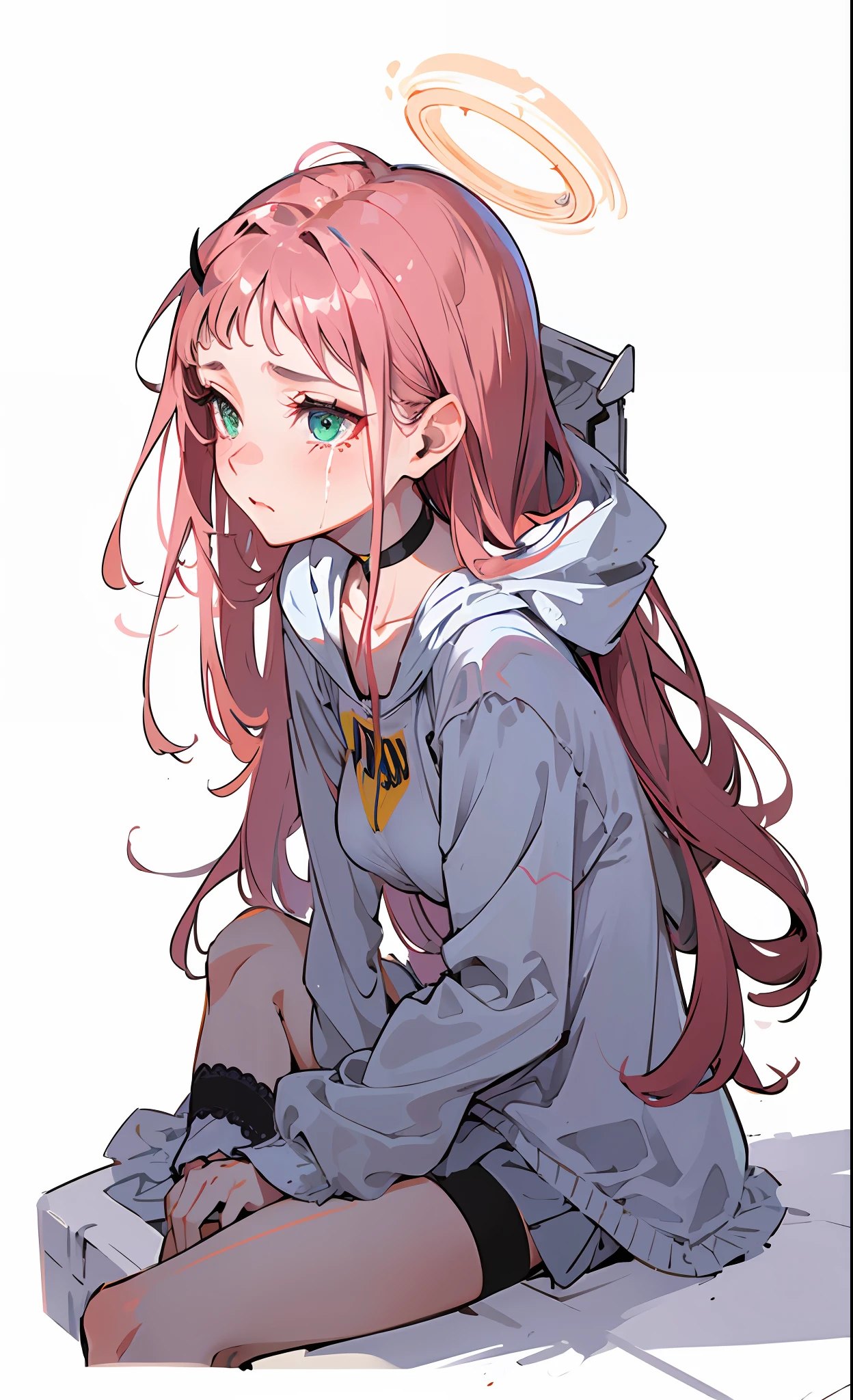 zero two \(darling in franxx\), darling in franxx, 1girl, sad, crying, sitting, bangs, shadow, green eyes, hair behind head, long hair, makeup, small breasts, white oversized shirt, black choker, skirt, large thighs, legs, foot, black garter, black bracelet, pink hair, red eyeshadow, tight skin, solo, at home, well detailed, bedroom, mess