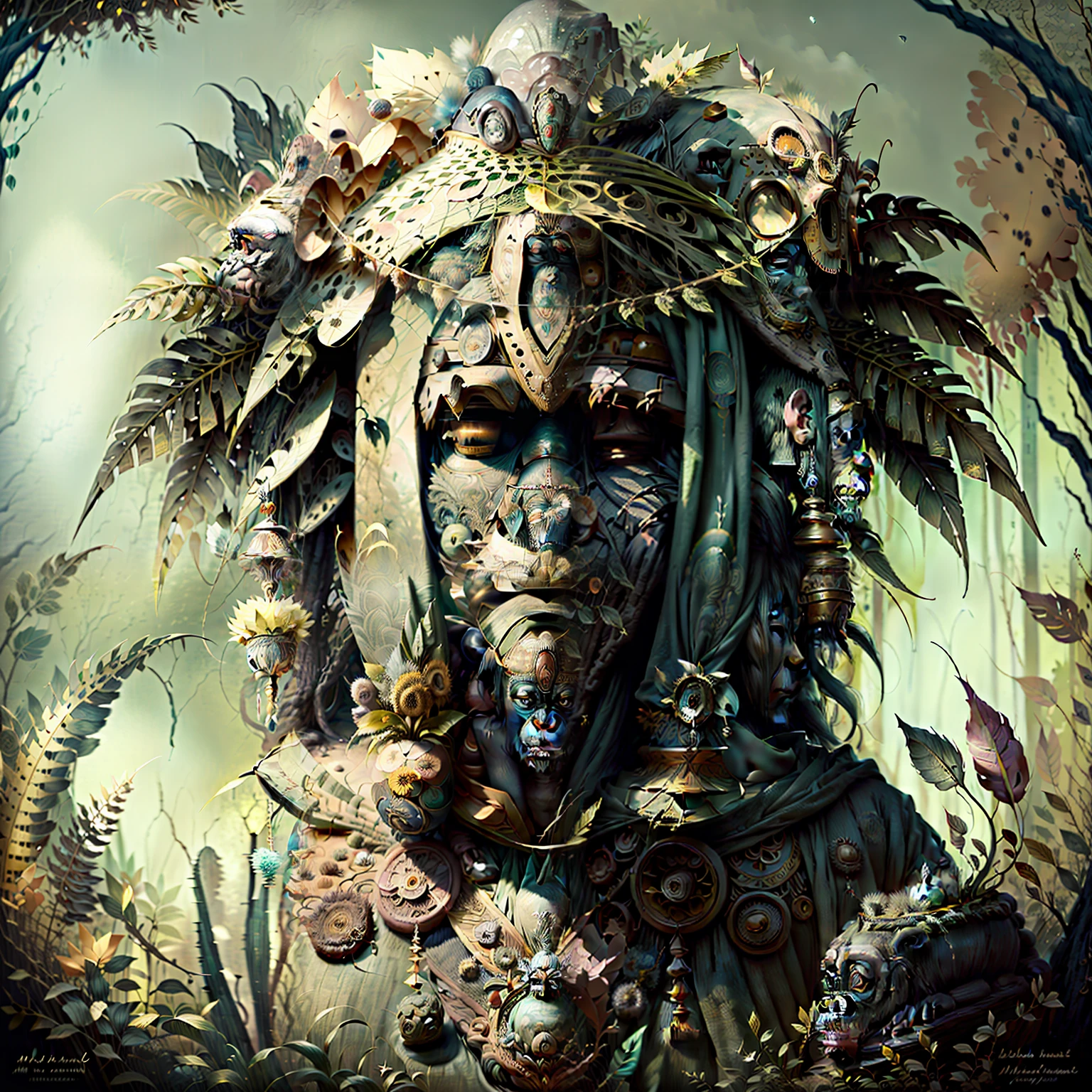 Chimpanzee Head ((Shaman)),,((meditative state),,Shaman, elegant chimpanzee, hair with details, with Indian headdress on head, ((meditating)) many colorful feathers, colorful feathers, facing the camera, detail: dense tropical foliage, highly detailed intricate, ((masterpiece)), ultra hyperrealistic, masterpiece