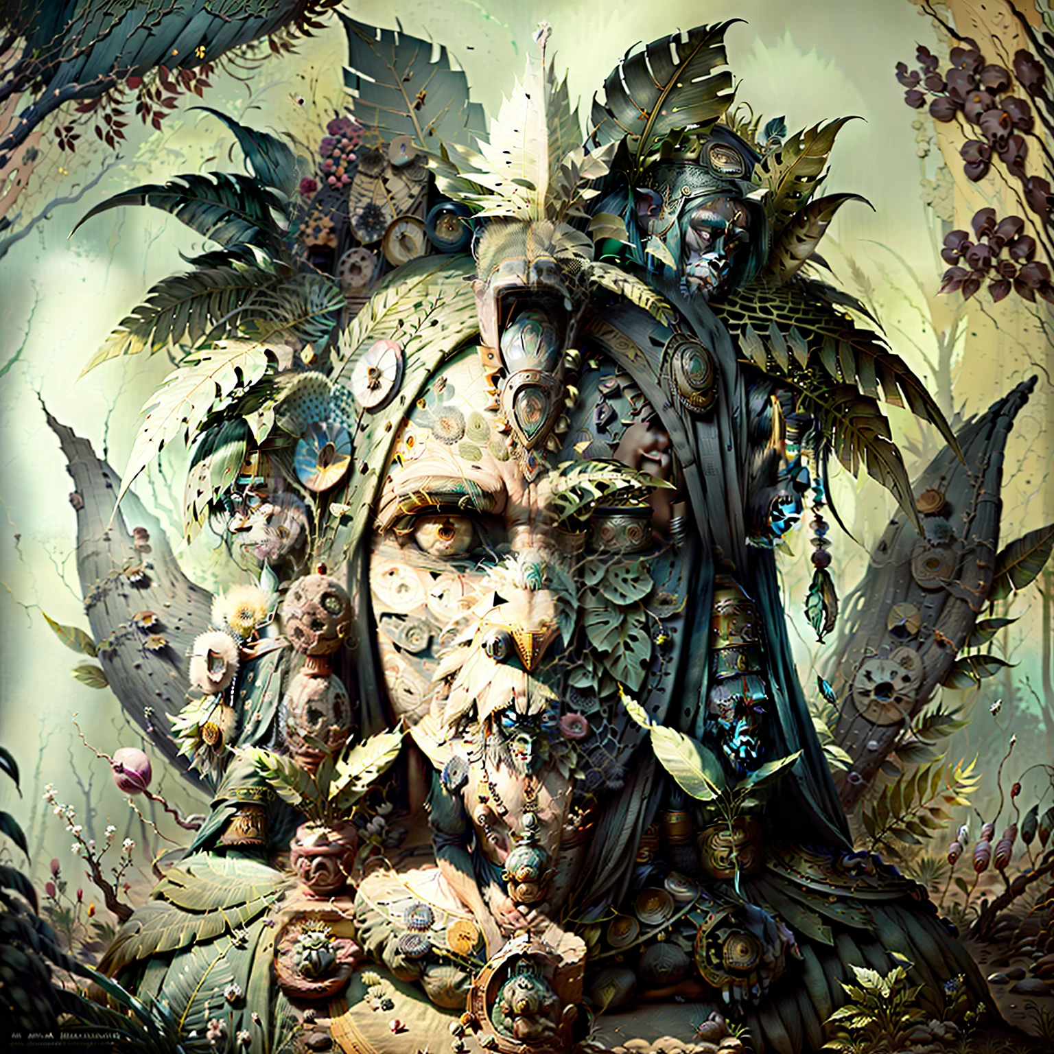 Chimpanzee Head ((Shaman)),,((meditative state),,Shaman, elegant chimpanzee, hair with details, with Indian headdress on head, ((meditating)) many colorful feathers, colorful feathers, facing the camera, detail: dense tropical foliage, highly detailed intricate, ((masterpiece)), ultra hyperrealistic, masterpiece