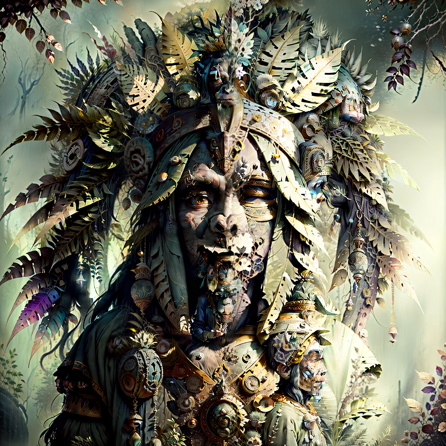 Chimpanzee Head ((Shaman)),,((meditative state),,Shaman, elegant chimpanzee, hair with details, with Indian headdress on head, ((meditating)) many colorful feathers, colorful feathers, facing the camera, detail: dense tropical foliage, highly detailed intricate, ((masterpiece)), ultra hyperrealistic, masterpiece