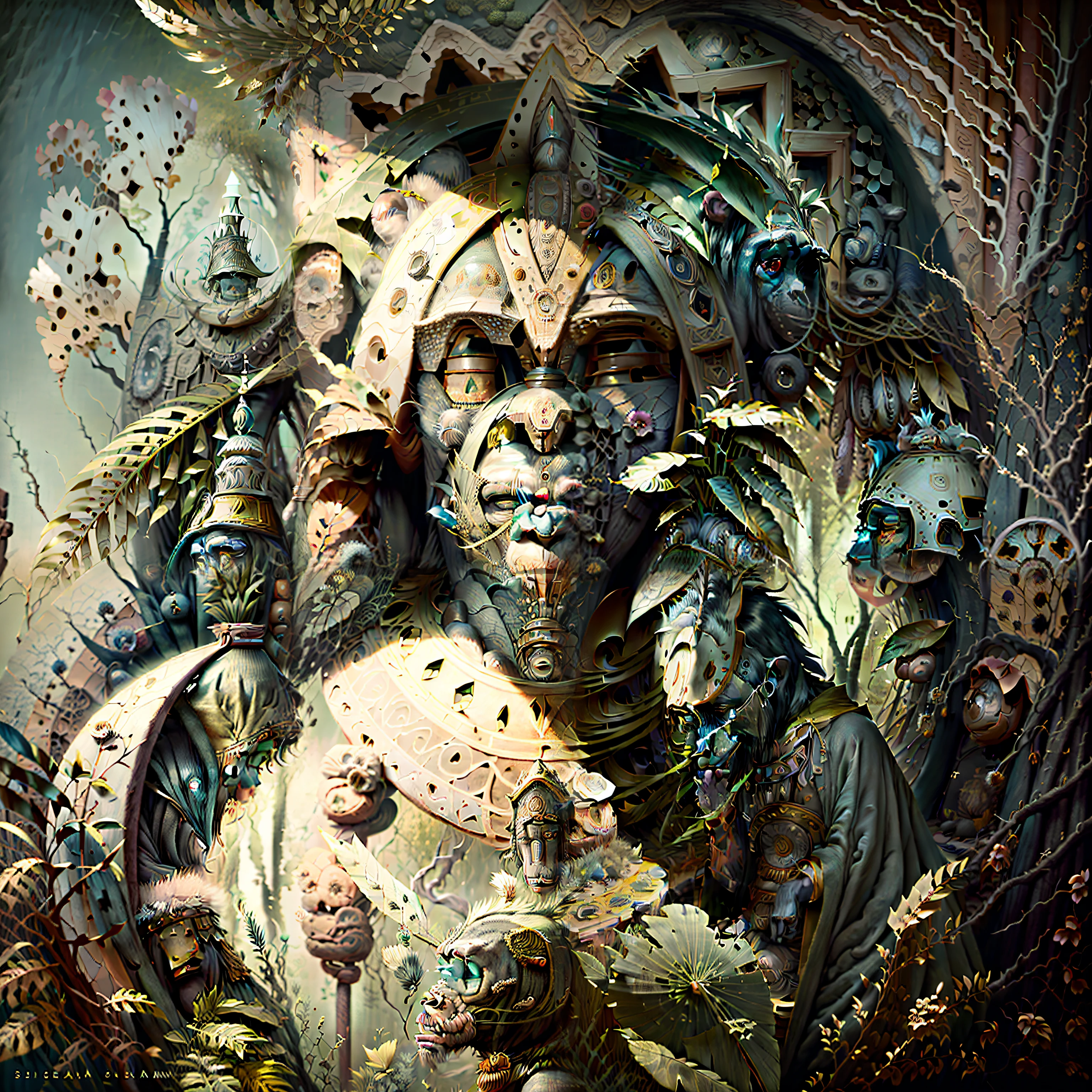 Chimpanzee Head ((Shaman)),,((meditative state),,Shaman, elegant chimpanzee, hair with details, with Indian headdress on head, ((meditating)) many colorful feathers, colorful feathers, facing the camera, detail: dense tropical foliage, highly detailed intricate, ((masterpiece)), ultra hyperrealistic, masterpiece