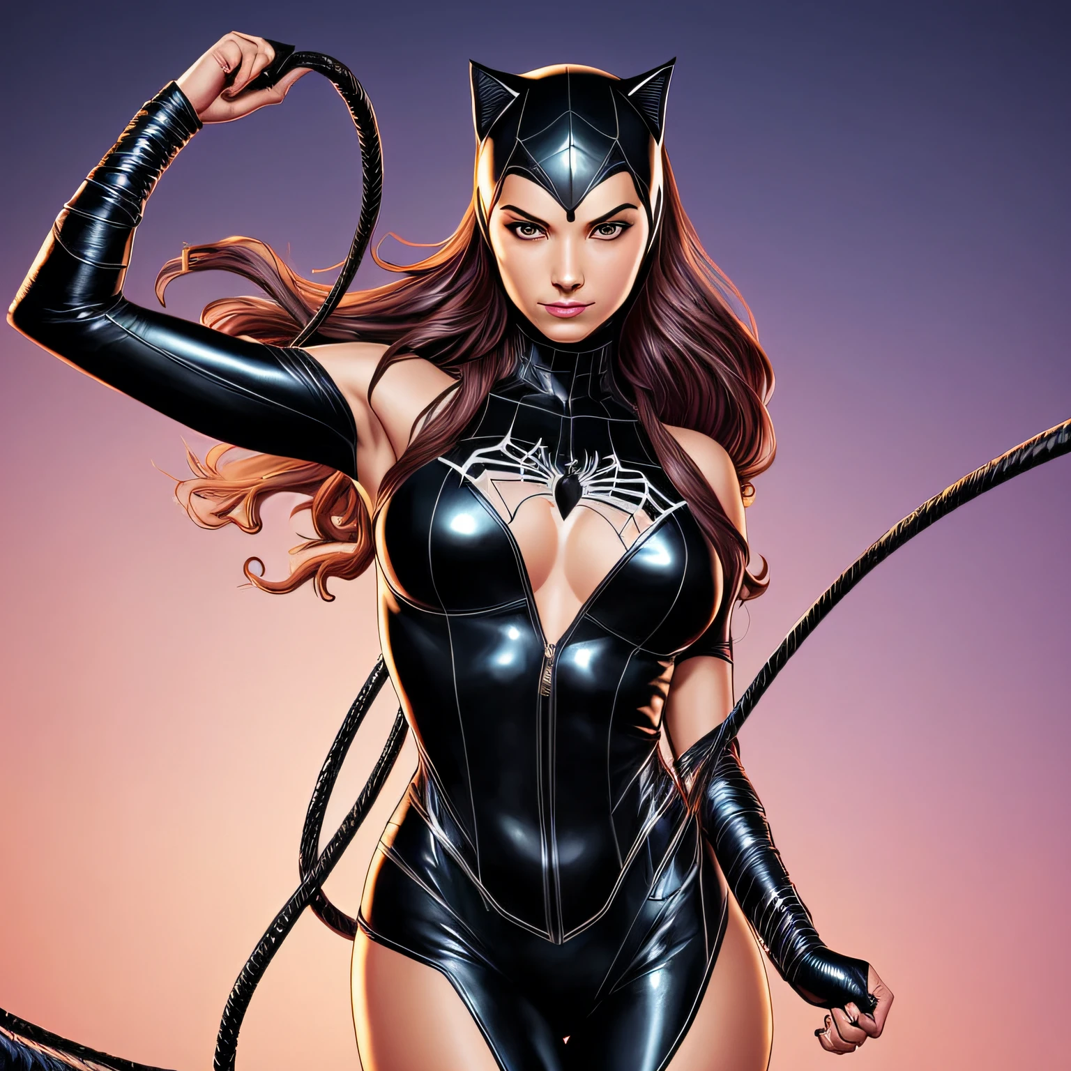 A woman in a cat suit with a whip, Catwoman, by Mike Deodato, J Scott Campbell, J. Scott Campbell, Catwoman, ( ( spiderwoman ) ), villainy, Spider-Woman!!!, inspired by Mike Deodato, cat girl, spider woman, Lara Croft as spider-woman, girl, mike deodato jr, black cat. Best quality, realistic, realistic, award winning illustration, (highly detailed face and skin texture), (full body), (complicated detail: 1.2), (fine detail), (complicated detail), (cinematic lights, best quality backlight), sharp lines, sharp focus, official art, unit 8k wallpaper, absurd, unbelievably absurd, huge file size, Ultra-, fantasy art, RTX, ((Closing photo-up by award-Winning studio)), , (shut up), , perfect hands, beautiful detailed eyes, Perfect Face --auto