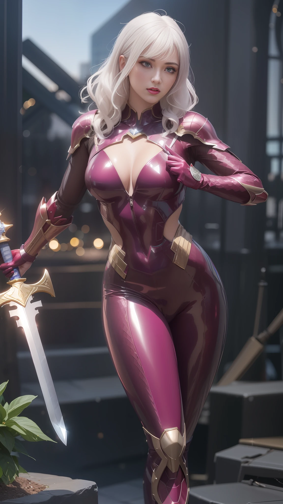 Close-up of a woman holding a sword in a purple suit, dark eye shadow, smooth pink armor, fuchsia skin under armor, sharp silver armor fuchsia skin, Unreal Engine rendering Saint Seiya, streamlined pink armor, 8K HD wallpaper JPEG artifact, 8K HD wallpaper JPEG artifact, 8K art germ bokeh