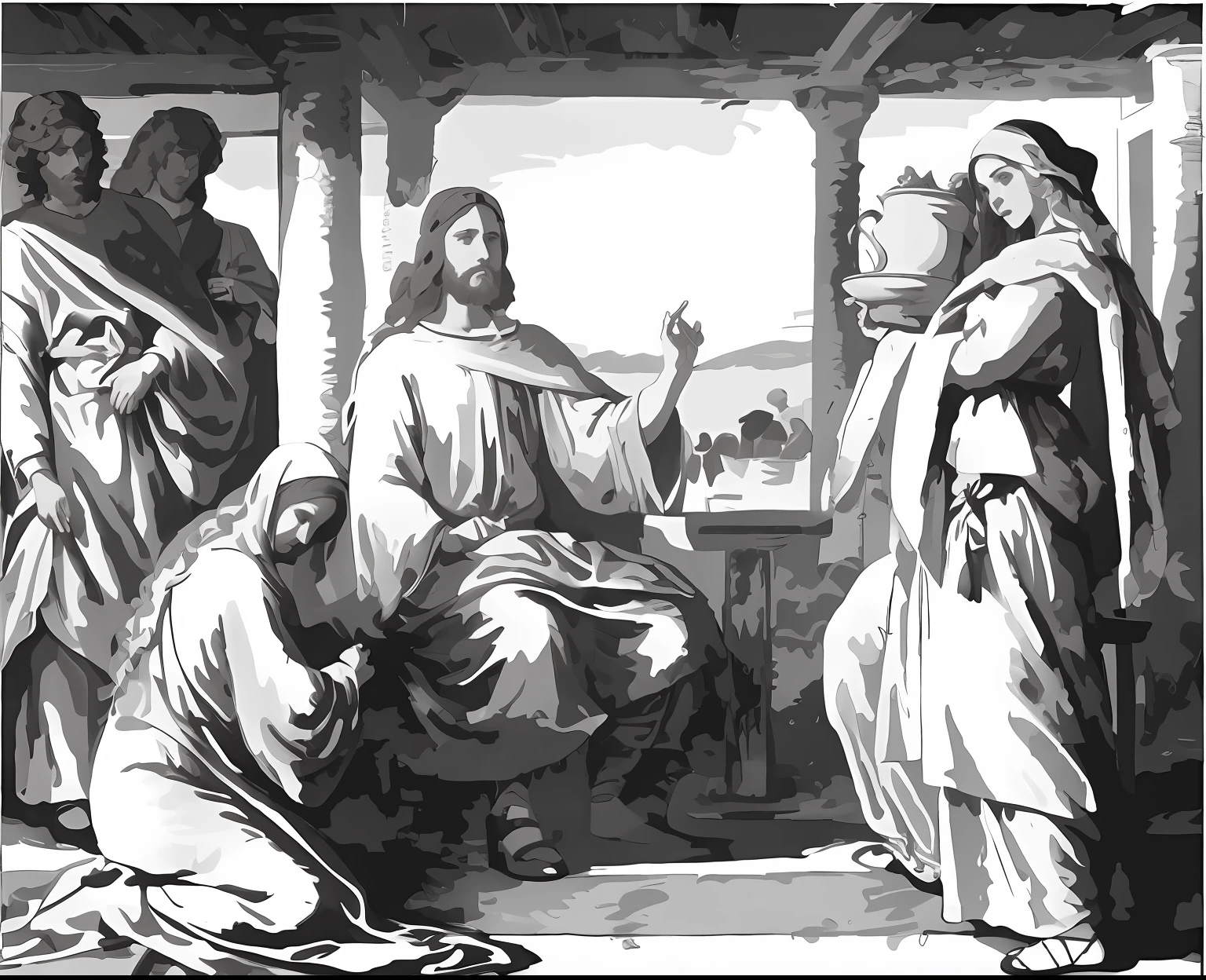 image of a painting of Jesus and other people,a woman standing in front of jesus holding a clay vase, another woman kneeling to the lafdo of Jesus, and two men standing behind jesus, biblical illustration, biblical art style, spiritual scene, by Romano Vio, church scene, black and white vector art, by Marcello Bacciarelli, by Joseph Raphael, dressed figures sitting around a table, by Patrick Pietropoli, grisaille, by Viktor de Jeney