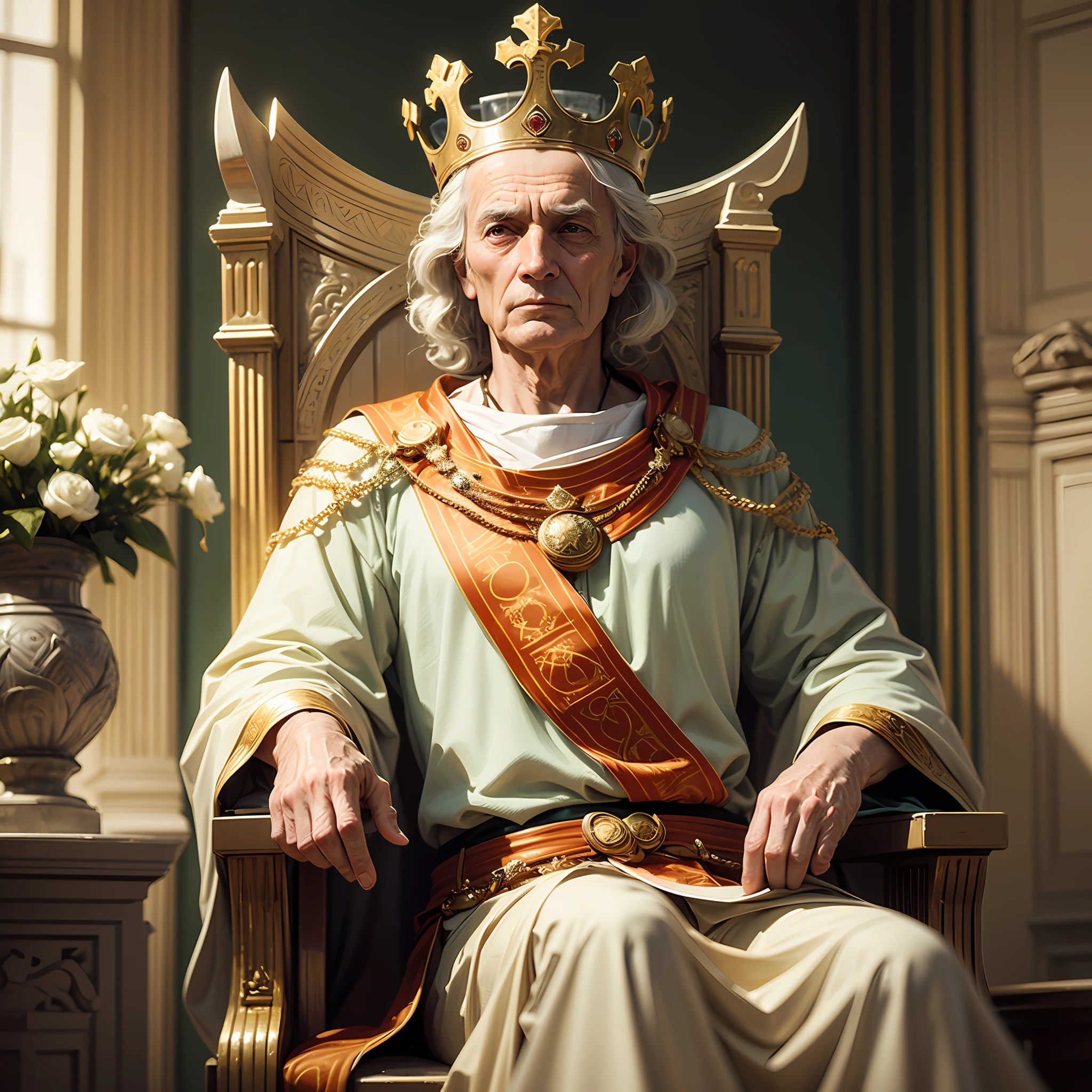 Old man, king of Israel, crown, tunic, 400 BC, sitting on a throne, ancient (Masterpiece: 1.0), (Best quality: 1.4), (Ultra high resolution: 1.2), (soft focus: 1.4), (sharp focus: 1.4), detailed face, (dark short hair), laurel wreath --auto