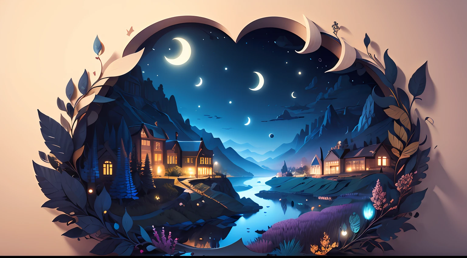 (((masterpiece)))), bestquality, illustration, beautifuldetailedglow, paper_cut, wallpaper,dark blue night landscape