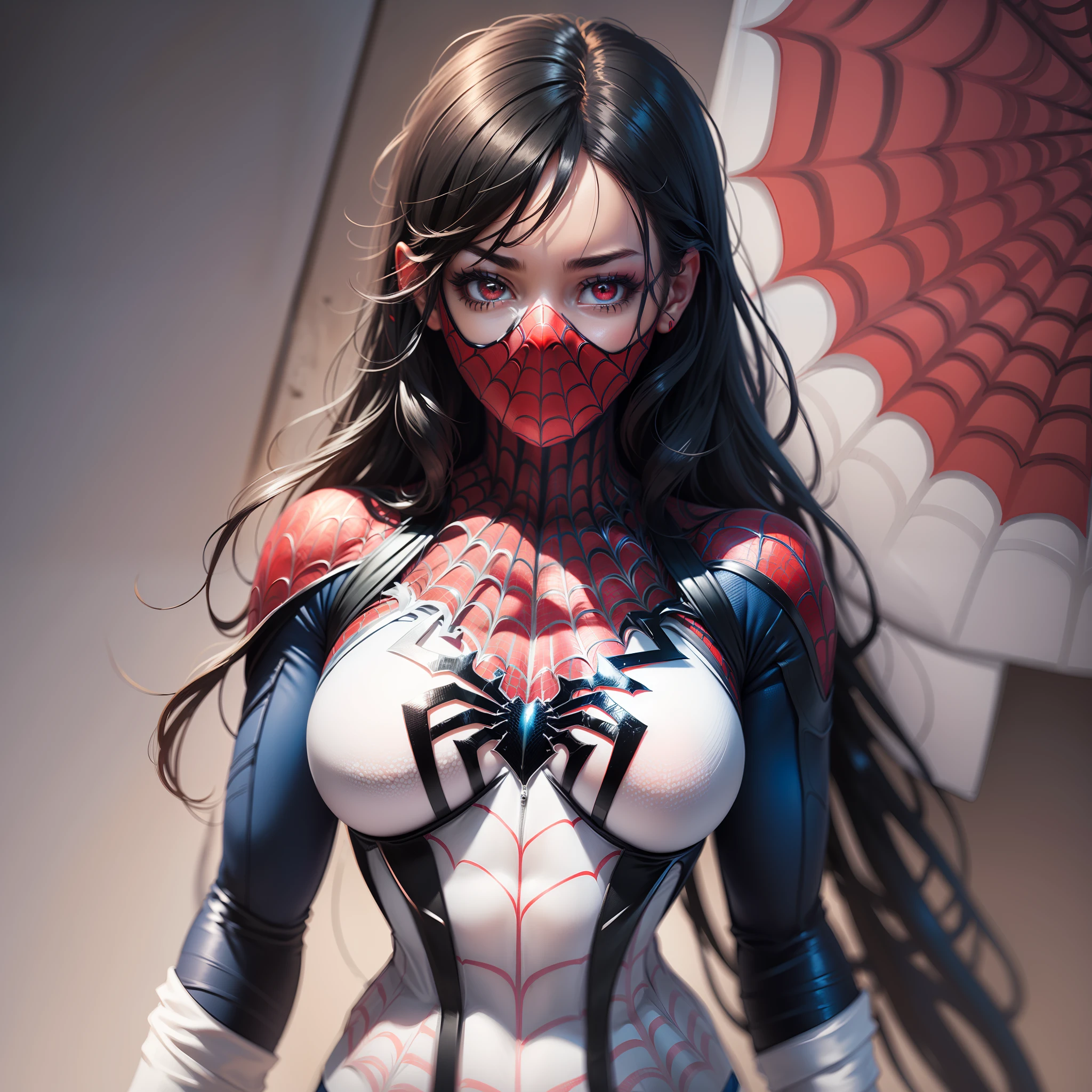 A girl dressed in (((spider man white color outfit with highly detailed black details)))), black hair red eyes ultra detailed face perfection
