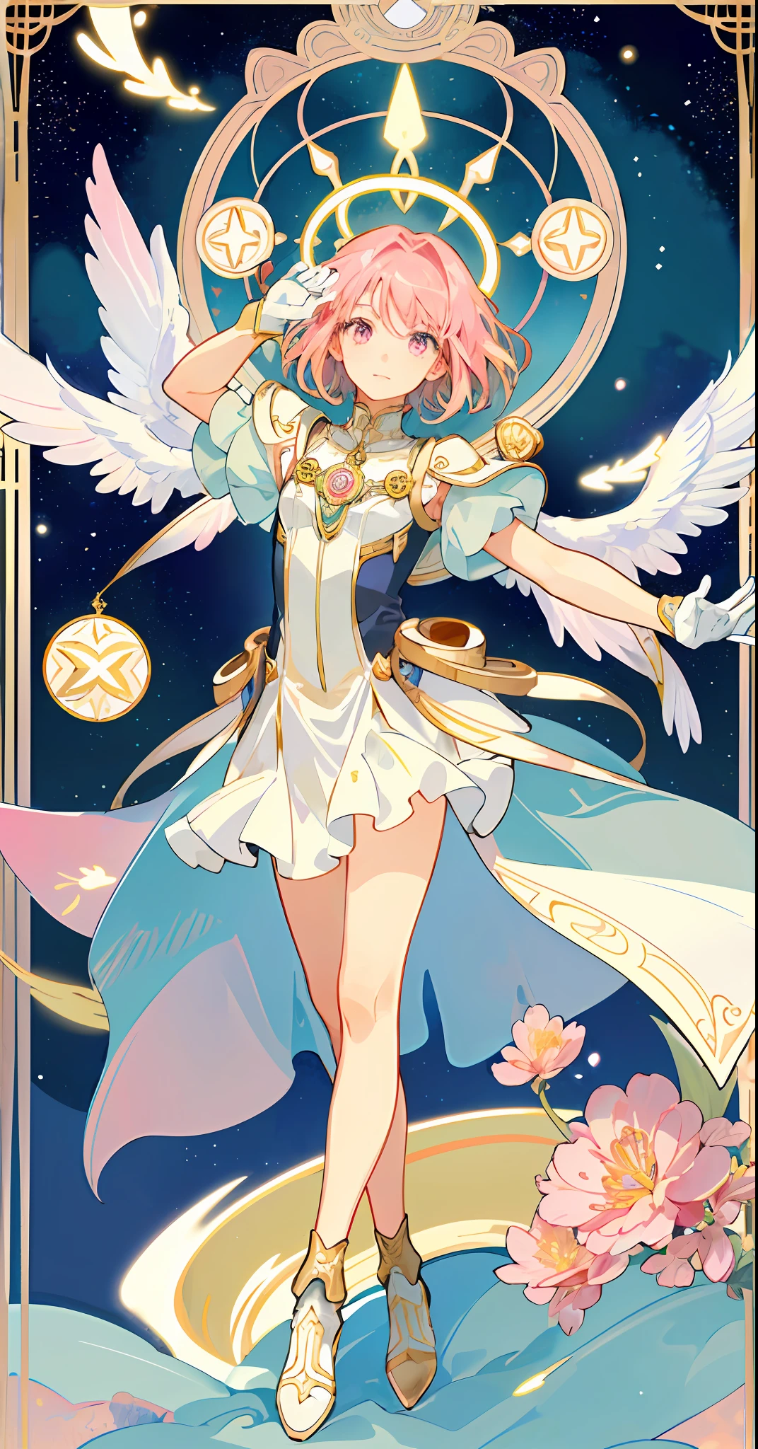 ((masterpiece,best quality)),(1girl, solo:1.4),beautiful detailed eyes, vivid, cinematic light, full_body, pink_flowers, (tarot_card), intricate, detailed background, looking_at_viewer, Madoka Kaname, hands reaching out, (flat chest), (walking), casual pose, posing, (white_gloves), (pink_eyes), white feathers, sparkles, glitter, celestial, outerspace, by alphonse mucha, (gold frame), halo, (tarot border)
