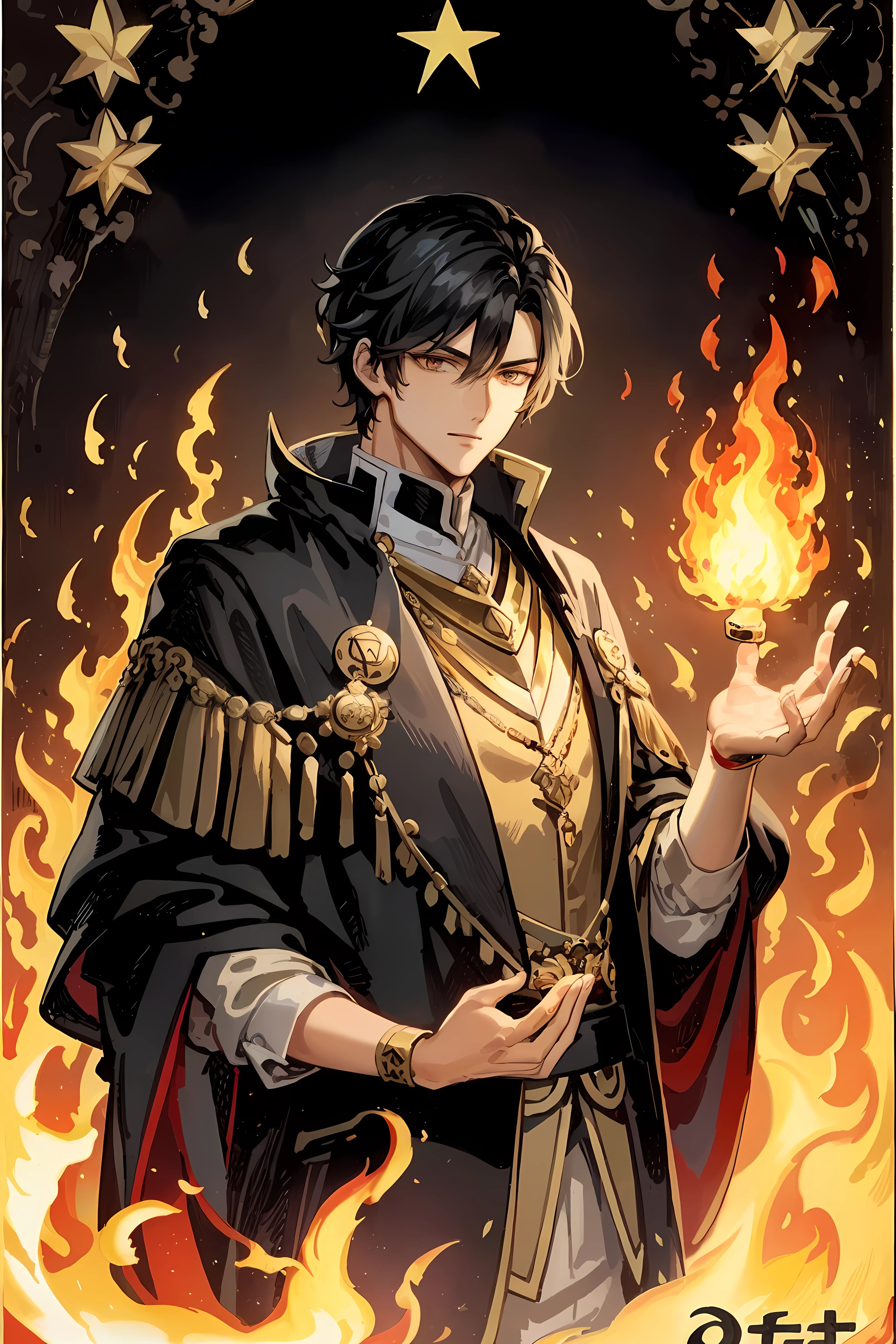 masterpiece, handsome man, black hair, fire magician, secret concept tarot card history card mystery, tarot card, best quality