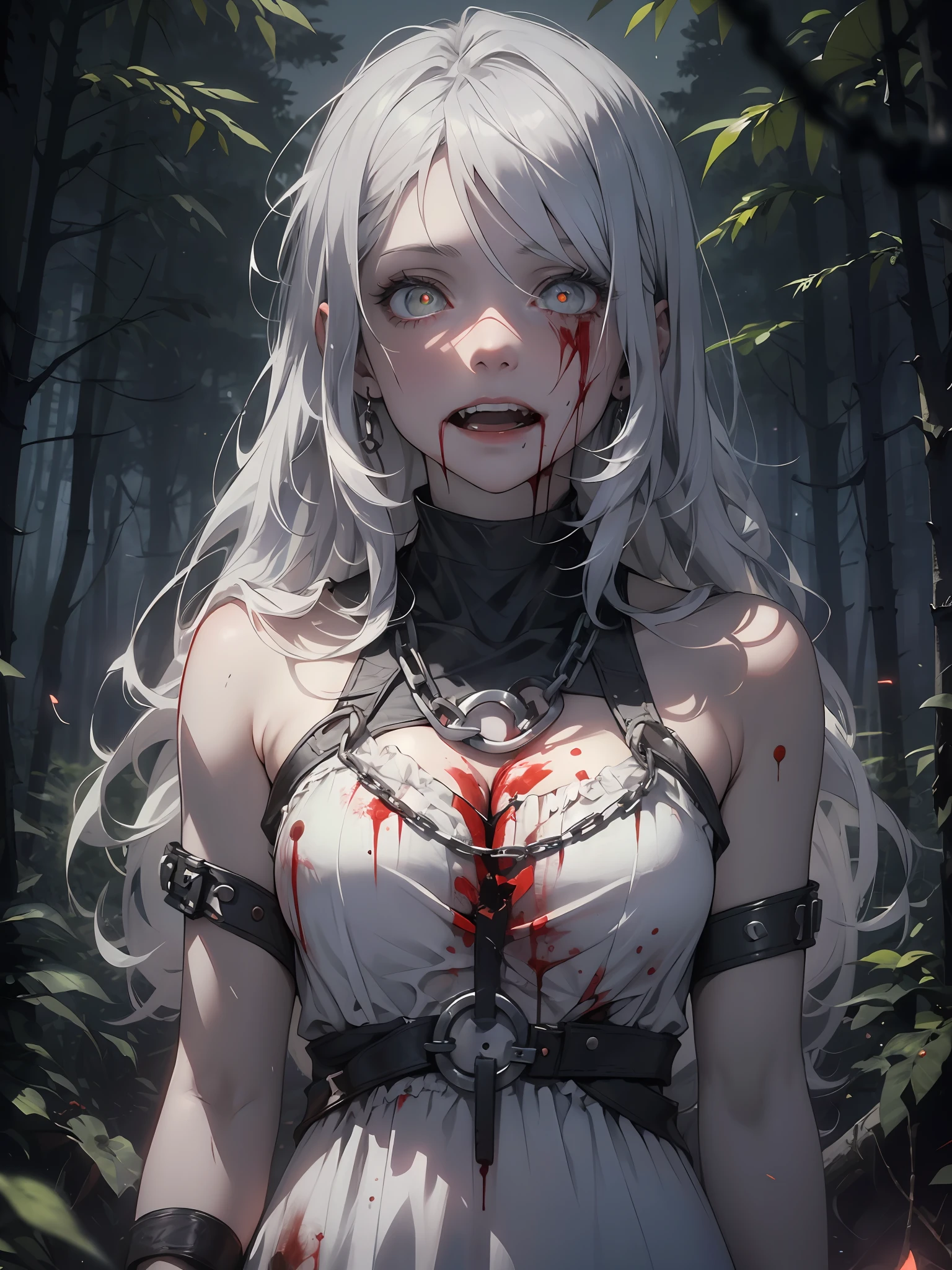 masterpiece, best quality, 1 girl, supine, standing in the middle of the forest, pale skin, messy hair, golden eyes, glowing eyes,silver hair , creepy, creepy smile, crazy expression, blood on face, blood on clothes, sexy clothes, creepy, scary, blood, horror, light particles, night, iron bracelets with chains