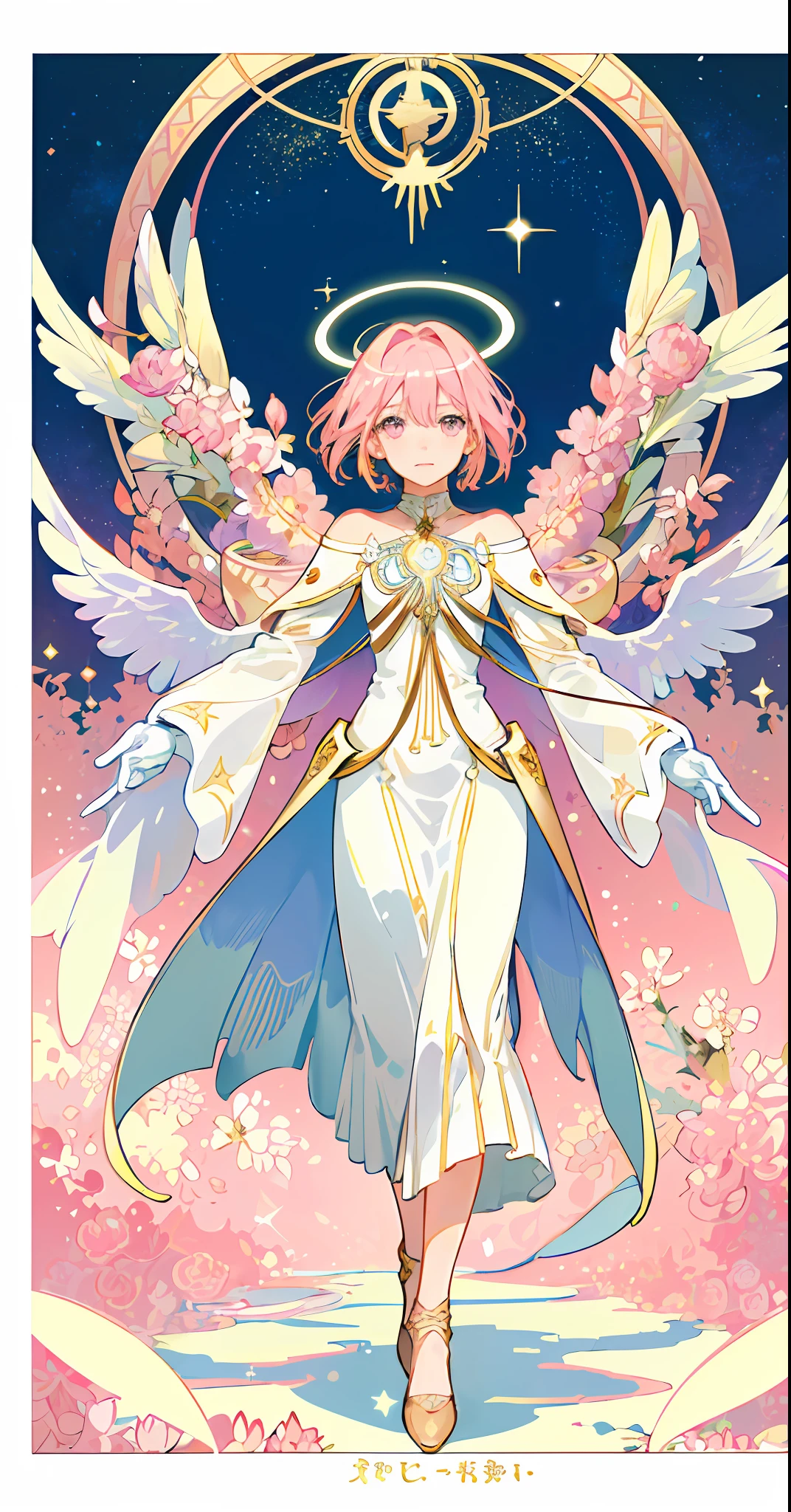 ((masterpiece,best quality)),(1girl, solo:1.4),beautiful detailed eyes, vivid, cinematic light, full_body, pink_flowers, (tarot_card), intricate, detailed background, looking_at_viewer, Madoka Kaname, hands reaching out, (flat chest), (walking), casual pose, posing, (white_gloves), (pink_eyes), white feathers, sparkles, glitter, celestial, outerspace, by alphonse mucha, (gold frame), halo, (tarot border)
