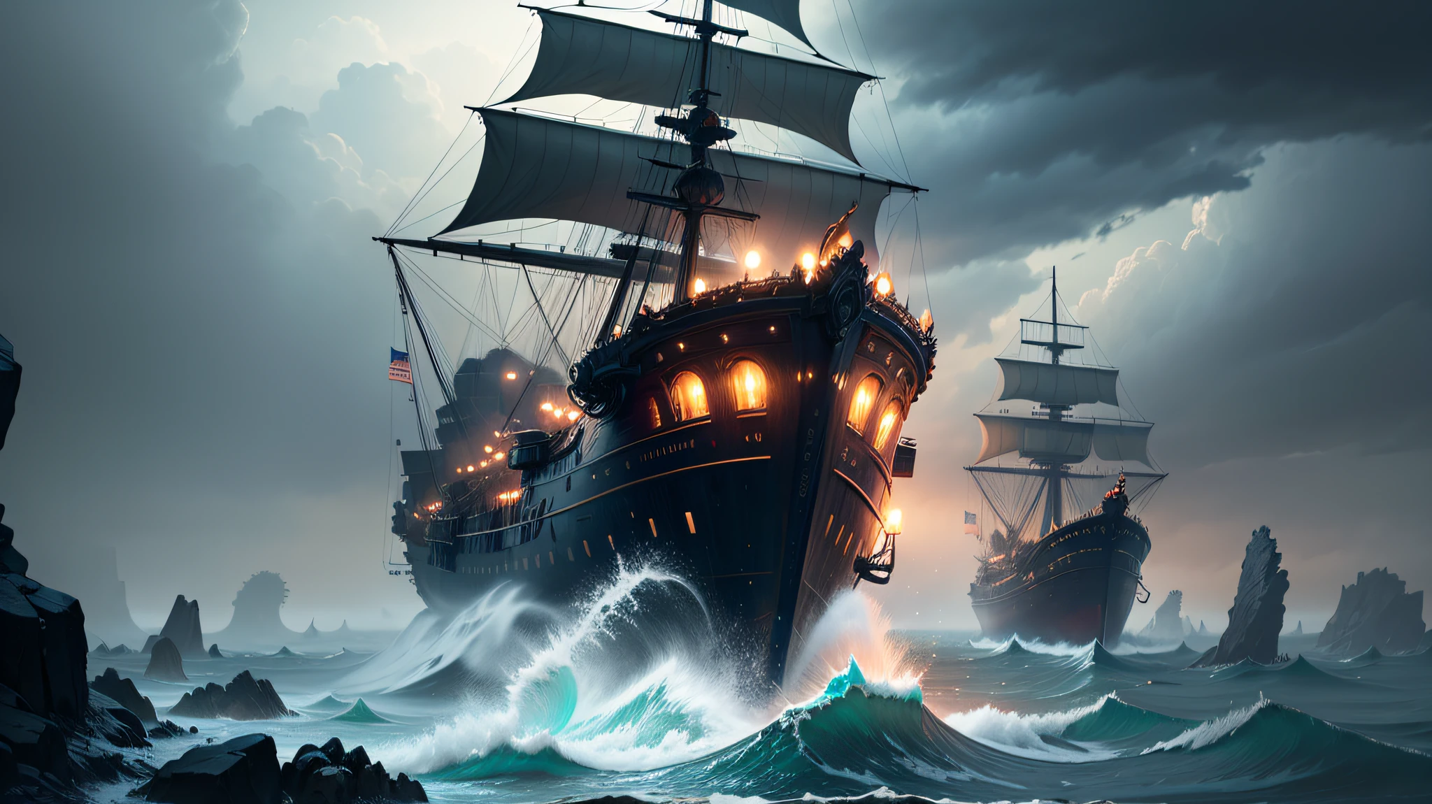 A volcano blazing inside a giant light bulb hanging over a stormy ocean, which illuminates a sailing ship sailing in stormy waves, oil painting by Greg Rutkowski and John Collier and Albert Aublet and Krenz Cushart and Artem Demura and Alphonse Mucha, epic fantasy, magic the gathering art, volumetric lighting, 8k octane beautifully detailed render, post-processing, extremely hyperdetailed, intricate, epic composition, grim yet sparkling atmosphere, cinematic lighting + masterpiece, trending on artstation, very detailed, vibrant colors --auto
