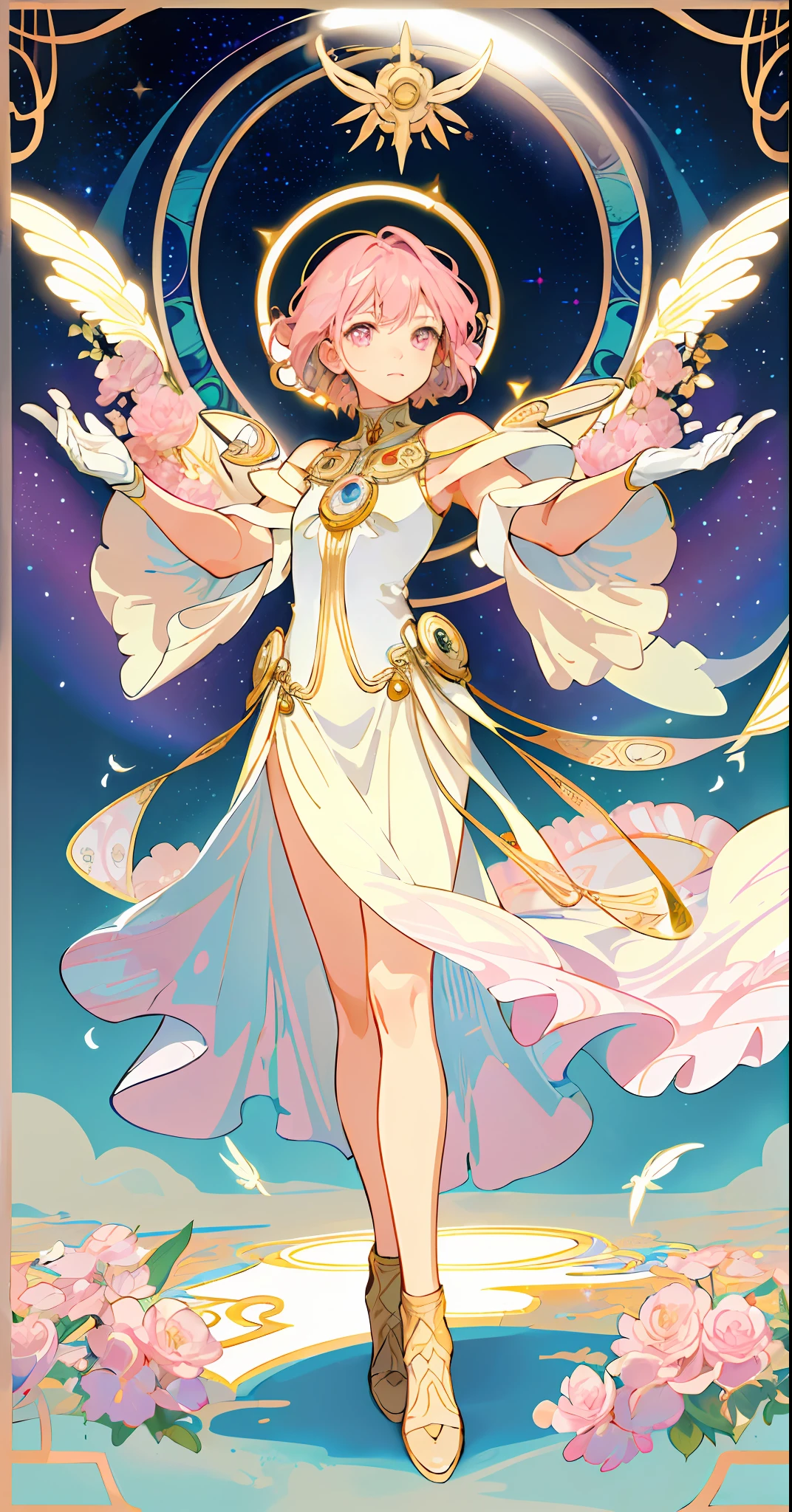 ((masterpiece,best quality)),(1girl, solo:1.4),beautiful detailed eyes, vivid, cinematic light, full_body, pink_flowers, (tarot_card), intricate, detailed background, looking_at_viewer, Madoka Kaname, hands reaching out, (flat chest), (walking), casual pose, posing, (white_gloves), (pink_eyes), white feathers, sparkles, glitter, celestial, outerspace, by alphonse mucha, (gold frame), halo, (tarot border)