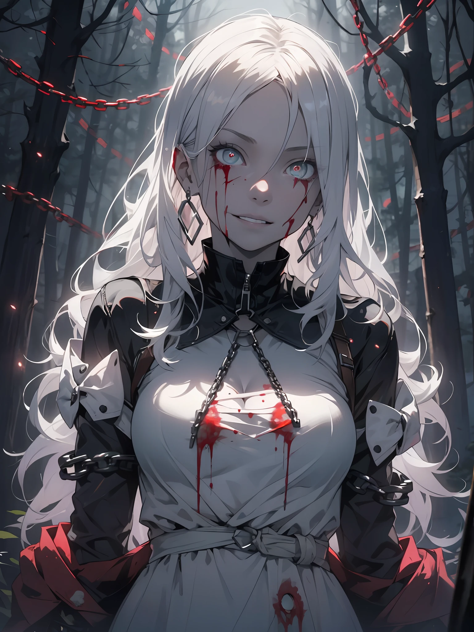masterpiece, best quality, 1 girl, supine, standing in the middle of the forest, pale skin, messy hair, golden eyes, glowing eyes,silver hair , creepy, creepy smile, crazy expression, blood on face, blood on clothes, sexy clothes, creepy, scary, blood, horror, light particles, night, iron bracelets with chains
