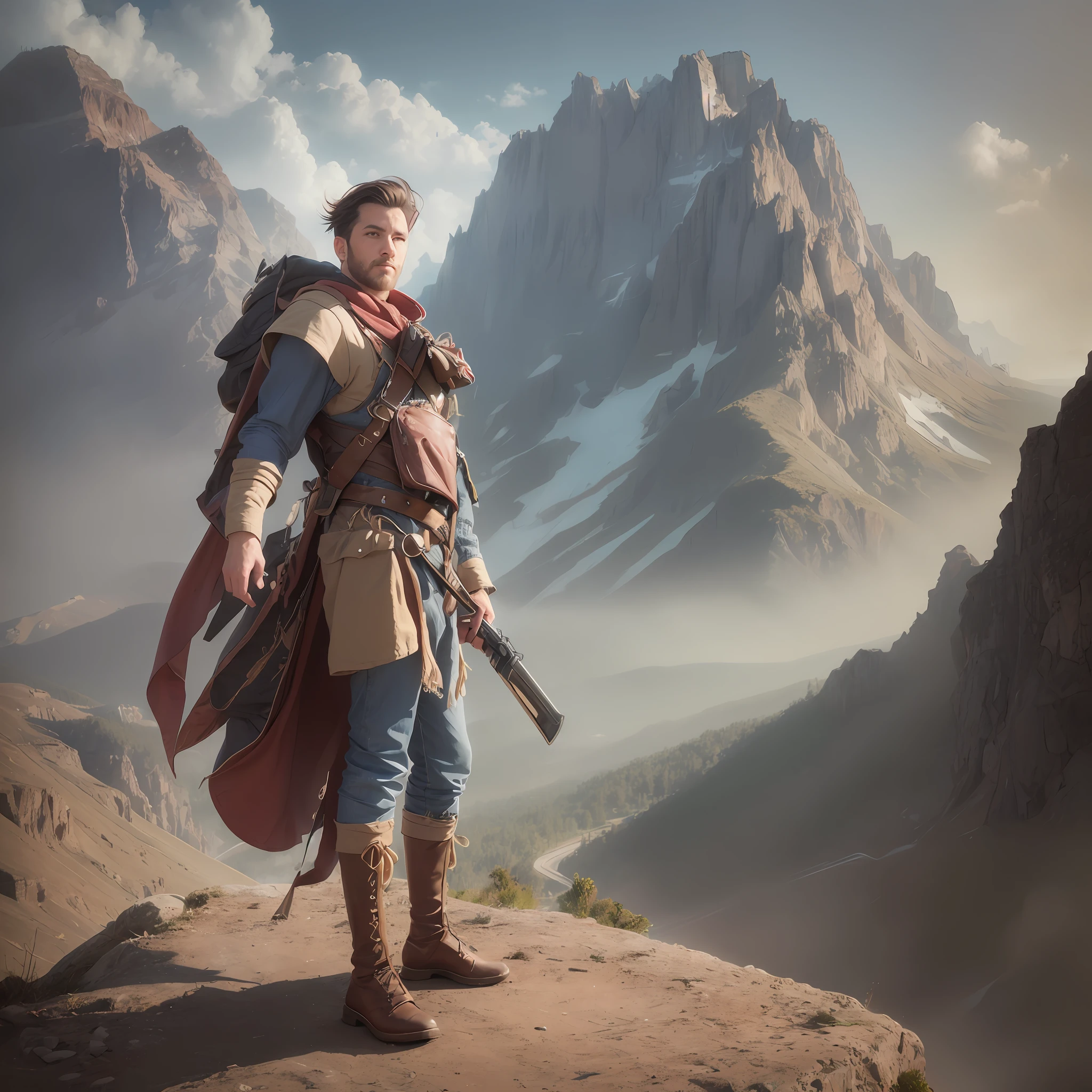 Portrait of logan jensen standing atop a rocky mountain with nice fantasy views. Digital painting, artstation, concept art, soft focus, sharp, illustration.