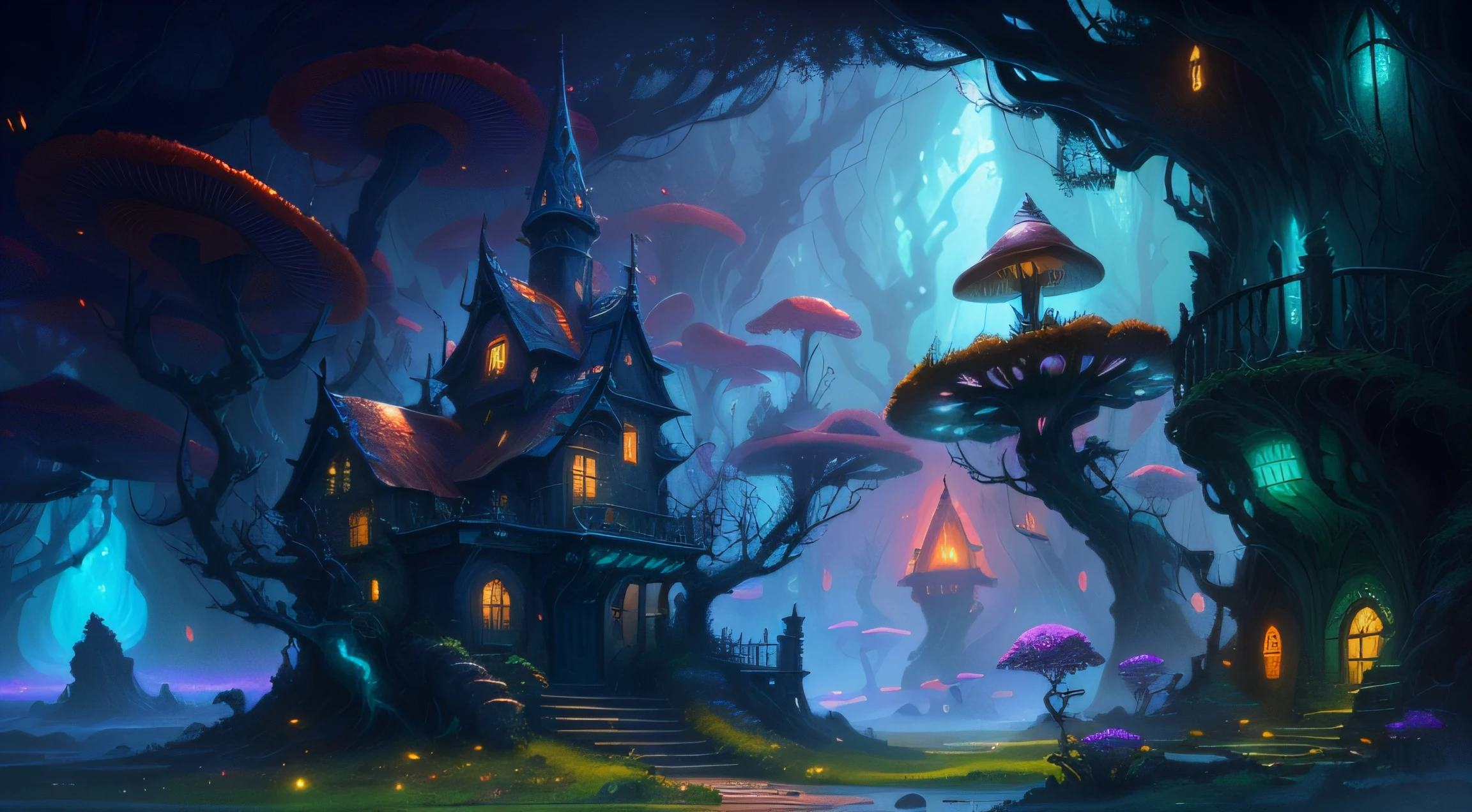 a close up of a house in a fantasy forest with mushrooms, magical colors and atmosphere, colorful concept art, fantasy magical vegetation, colorfull digital fantasy art, whimsical fantasy landscape art, lush alien landscape, magical colours and atmosphere, fantasy painterly style, mystical fantasy landscape, detailed fantasy digital art, fantasy digital painting, fantasy art landscape, fantasy forest landscape
