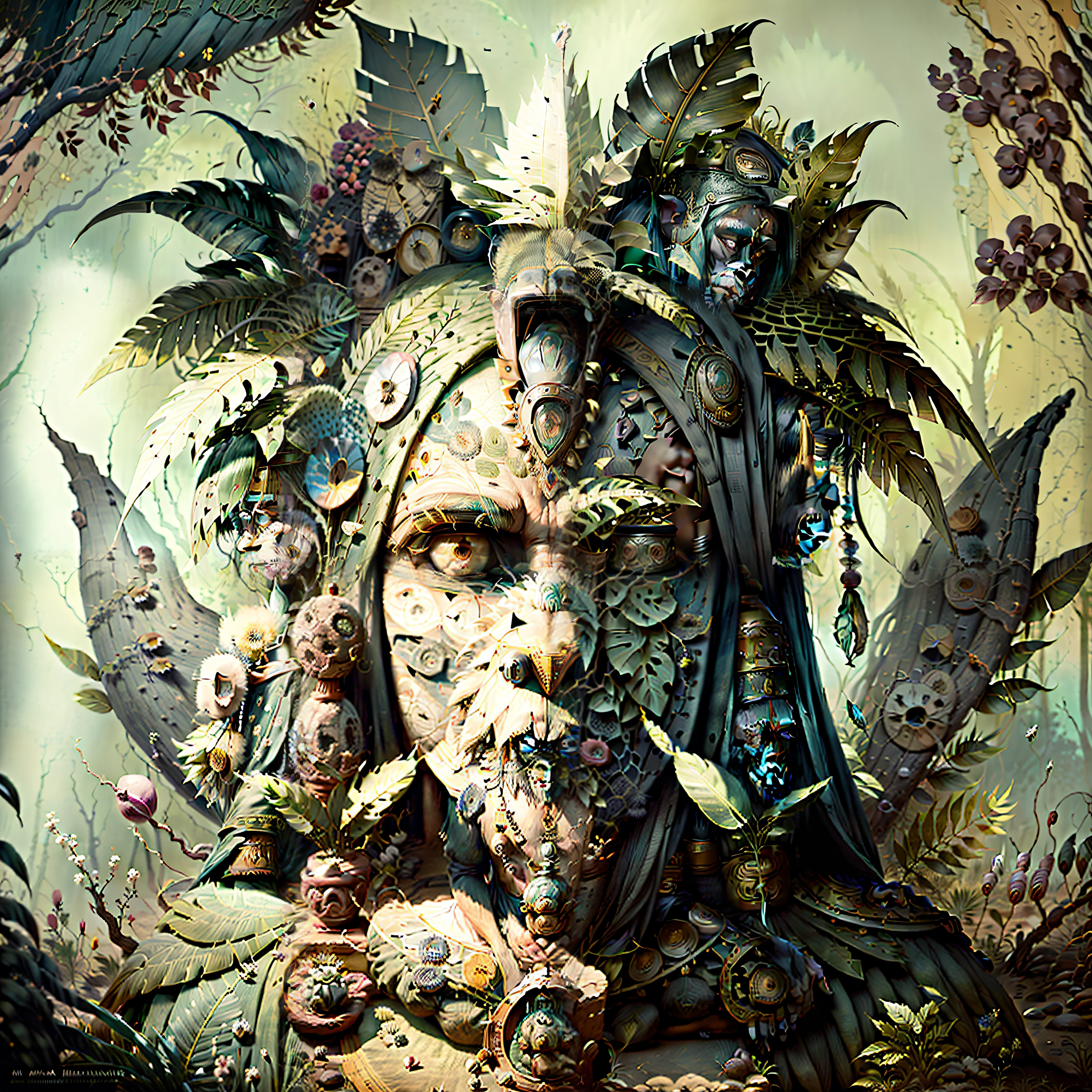 Chimpanzee Head ((Shaman)),,((meditative state),,Shaman, elegant chimpanzee, hair with details, with Indian headdress on head, ((meditating)) many colorful feathers, colorful feathers, facing the camera, detail: dense tropical foliage, highly detailed intricate, ((masterpiece)), ultra hyperrealistic, masterpiece
