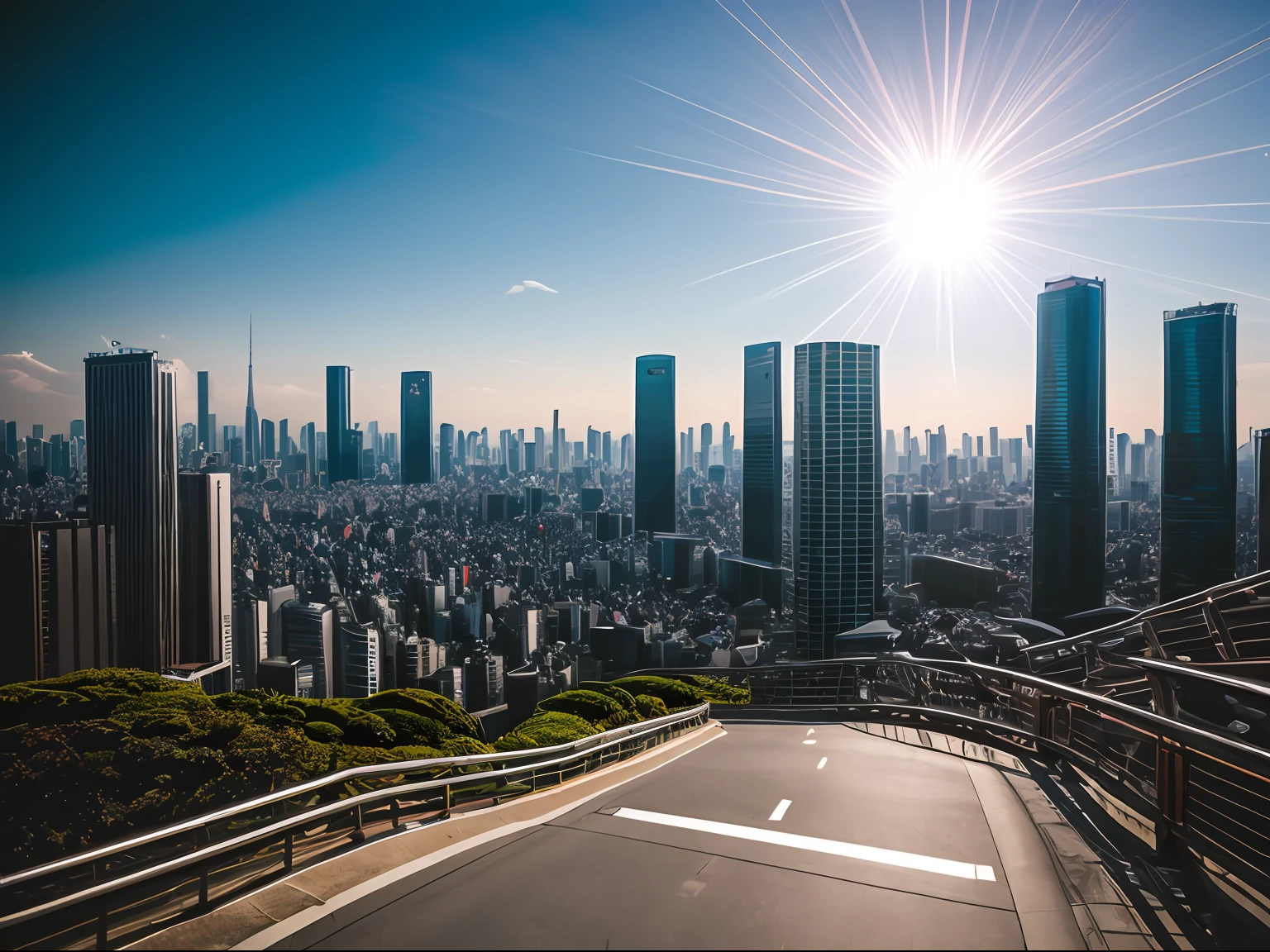 landscape, futuristic Tokyo, neon, outside, blue sky, lens flare, film photography