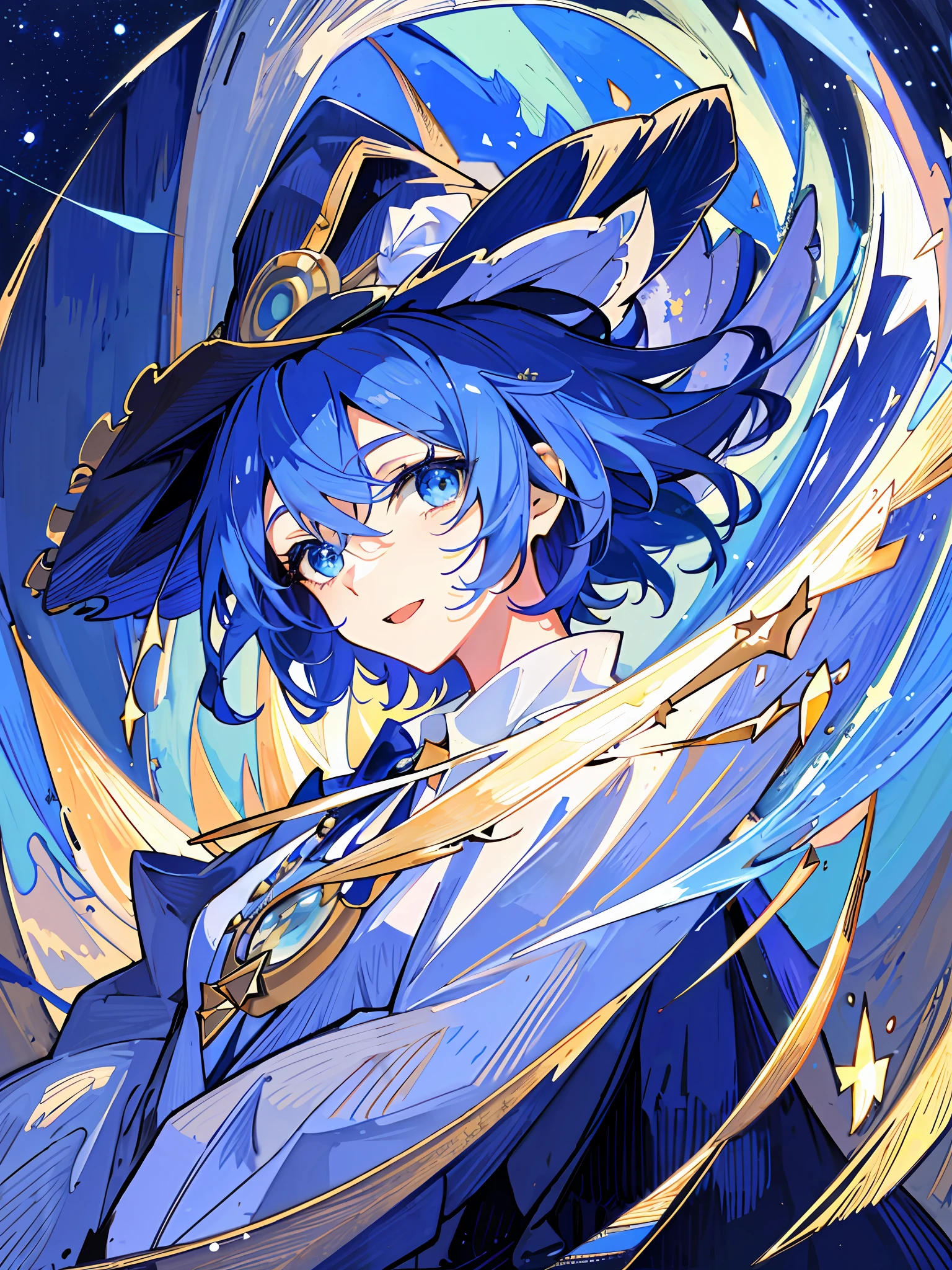 ((masterpiece:1.2, best quality)), 1girl, solo, (witch hat), a close up of a girl with short blue hair, short hair, dress, aurora, night, star (sky), gloves, sky, white dress, night sky, open mouth, starry sky, light blue eyes, ribbon, very shorthair, red dress, smile, hair ribbon, cape, blue hair, (bird), magic, casting spell, dark clouds, night, (impressionism:1.4), alphonse mucha,