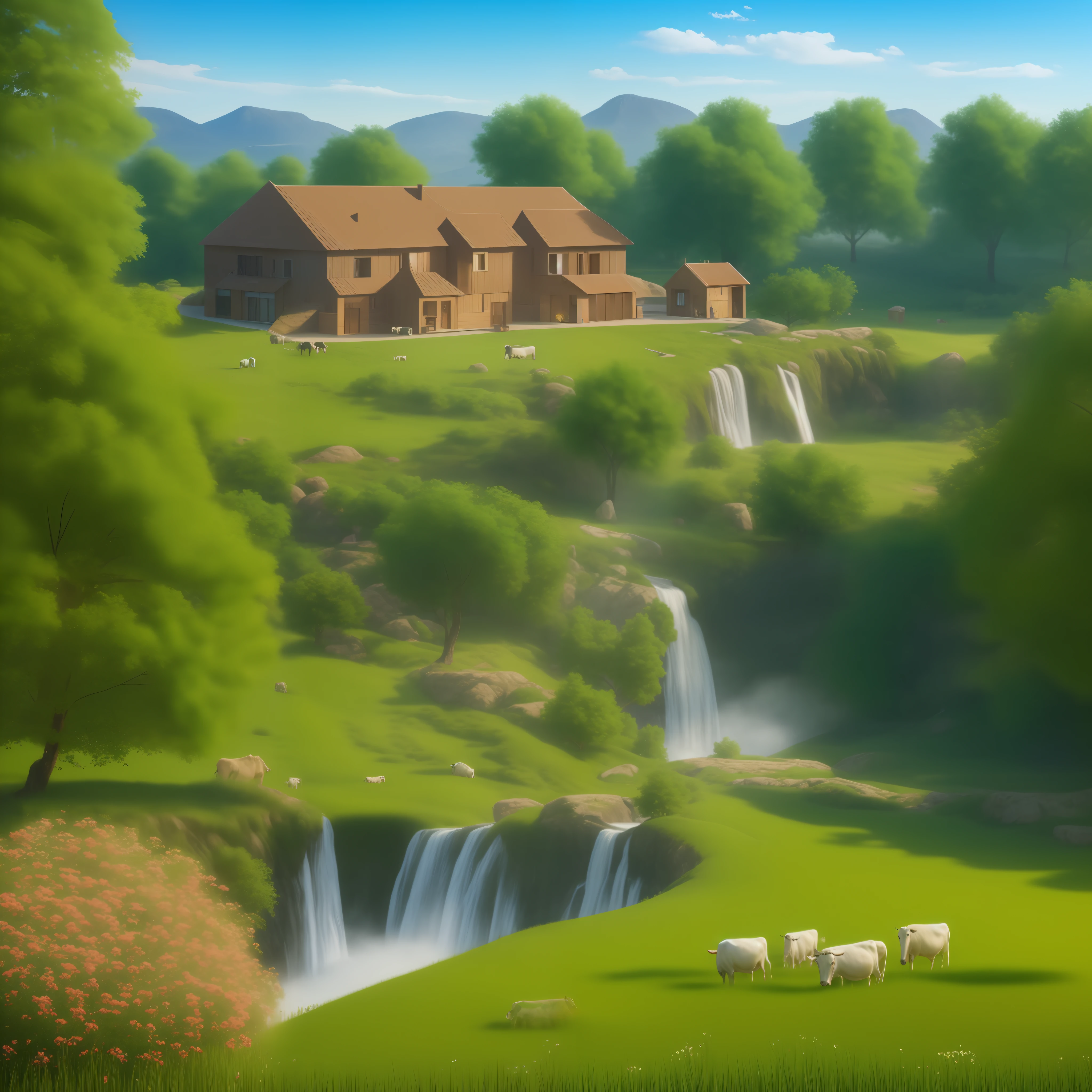 Beautiful landscape, place in holland, campilla, cows, trees, grass, dutch house, flowers, mountain with waterfall, super beautiful, intricate, 4k rendering