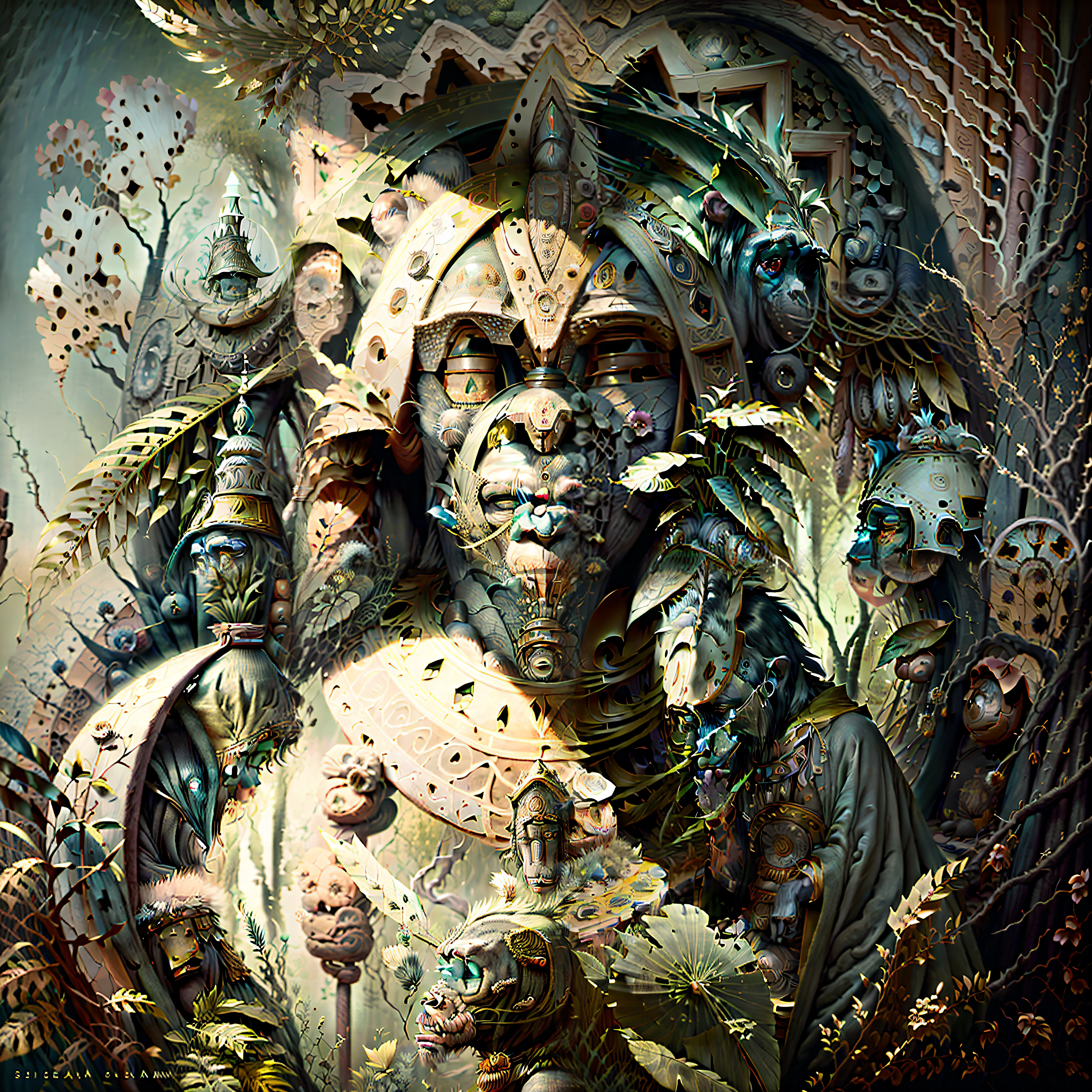 Chimpanzee Head ((Shaman)),,((meditative state),,Shaman, elegant chimpanzee, hair with details, with Indian headdress on head, ((meditating)) many colorful feathers, colorful feathers, facing the camera, detail: dense tropical foliage, highly detailed intricate, ((masterpiece)), ultra hyperrealistic, masterpiece