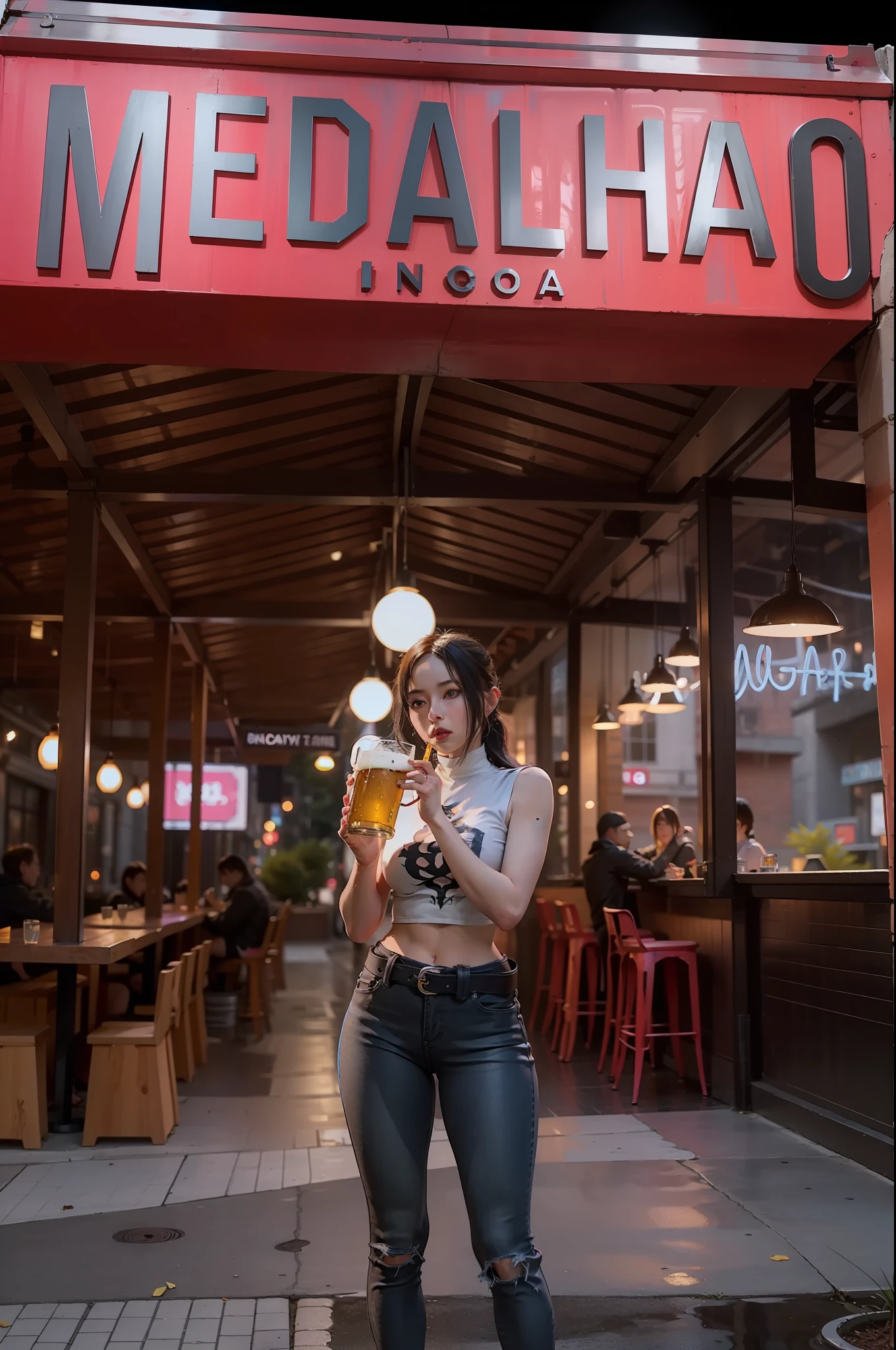woman standing in front of a restaurant holding a beer, shot on nikon z9, shot on canon eos r 5, shot on canon eos r5, shot on sony a 7 iii, medium long shot, shot on leica sl2, photo taken at night, low iso, lara croft eating durian, shot on sony a 7