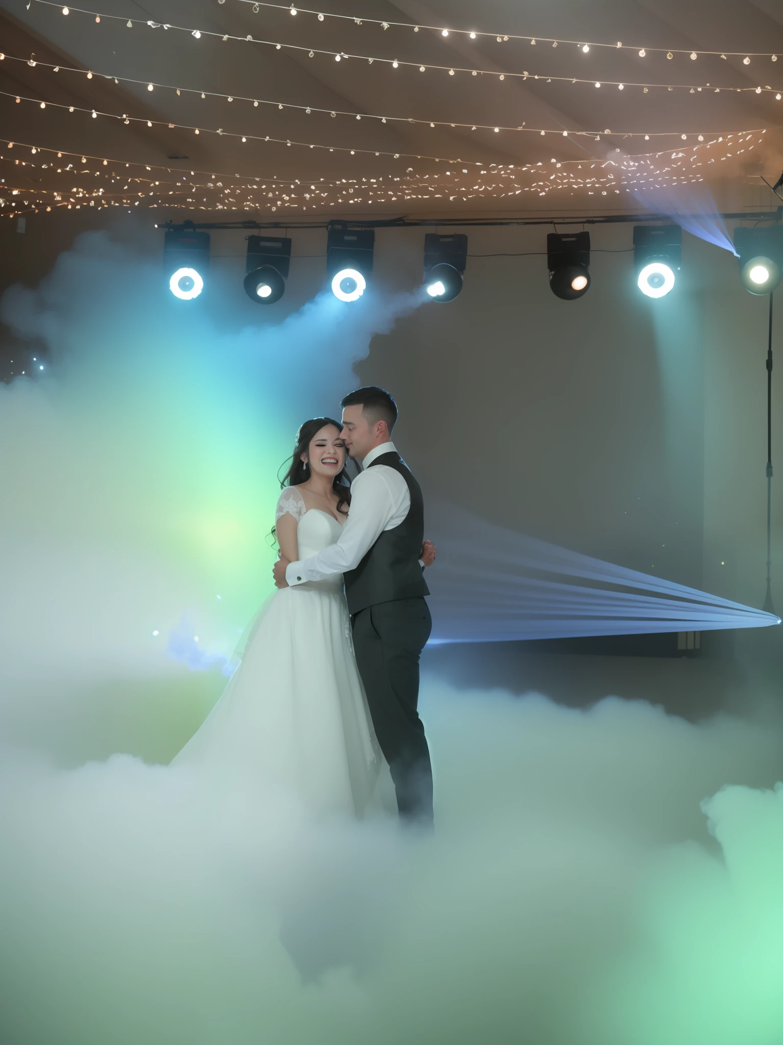 bride and groom standing in a cloud of smoke at their wedding, dancing in front of fog, fog machine, very magical and dreamy, heavy fog machine, the background is misty, dreamy atmosphere and drama, smoke machine, dry ice, in front of smoke behind, atmospheric fog and lighting, surrounded in clouds and light, in clouds of smoke, couple dancing