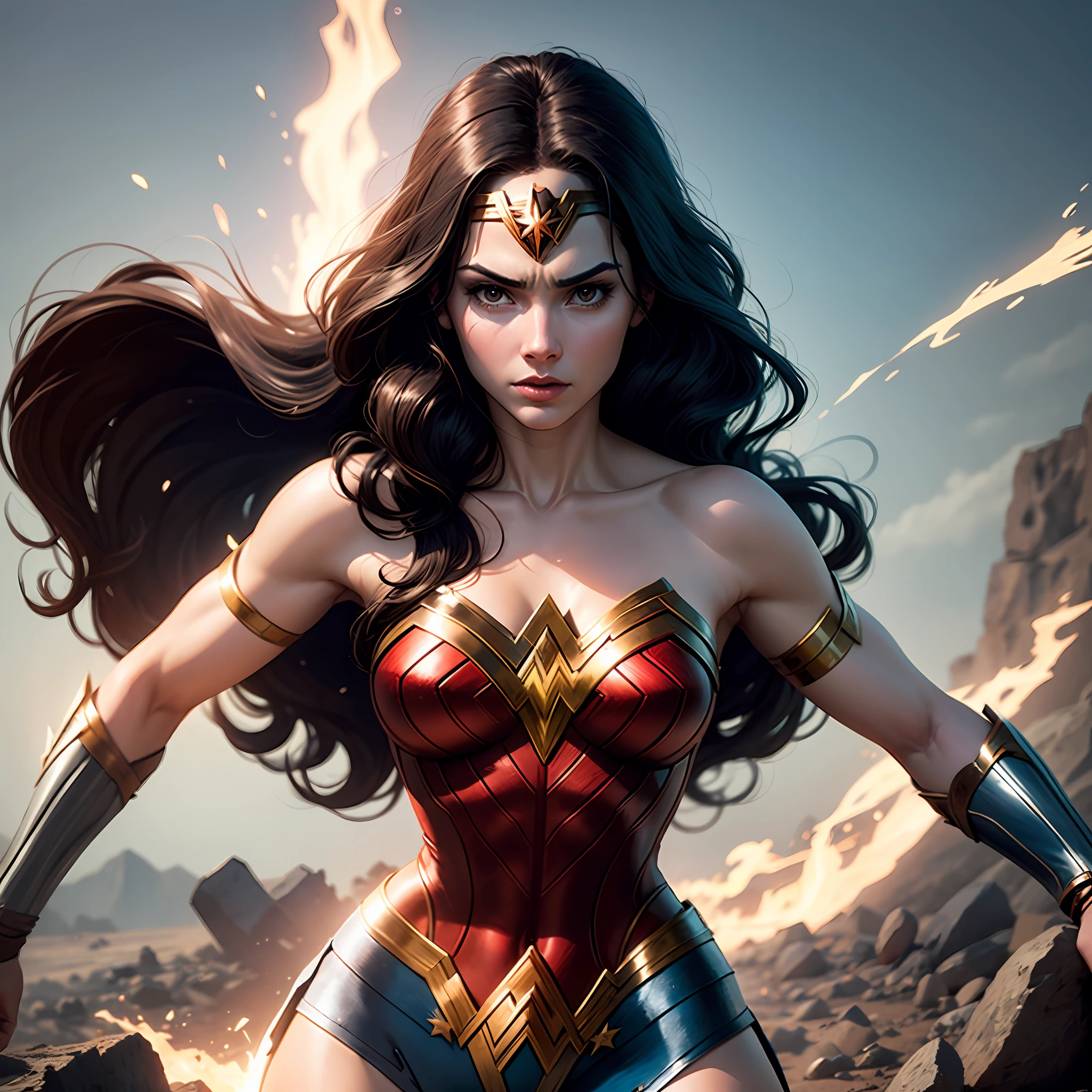 Wonder Woman facing powerful enemies with her extraordinary abilities and divine powers, protecting the world and inspiring hope. --auto